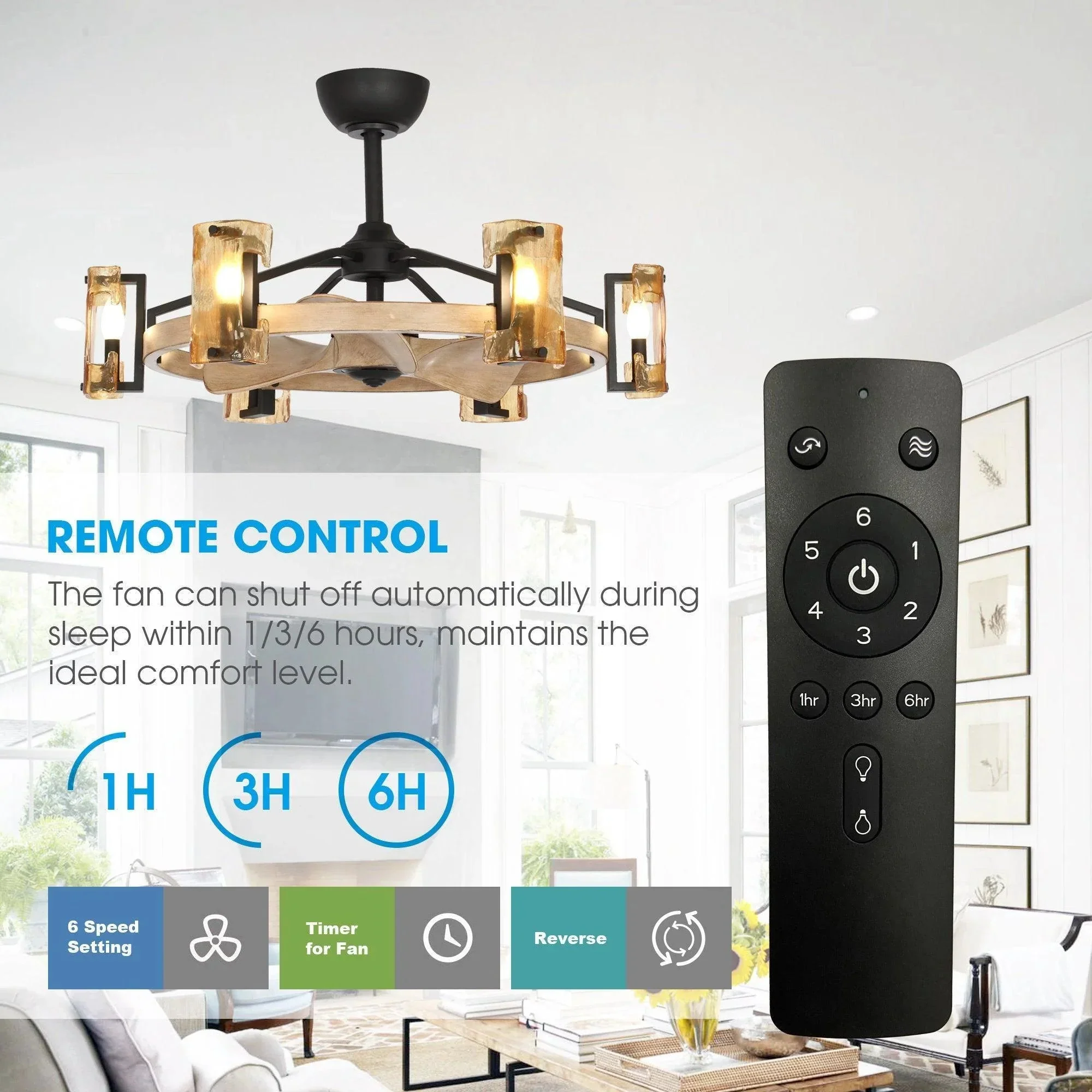 Parrot Uncle 34-Inch Bucholz Farmhouse DC Motor Downrod Mount Reversible Ceiling Fan with Lighting and Remote Control (A829006CA-WOOD) - Image 7