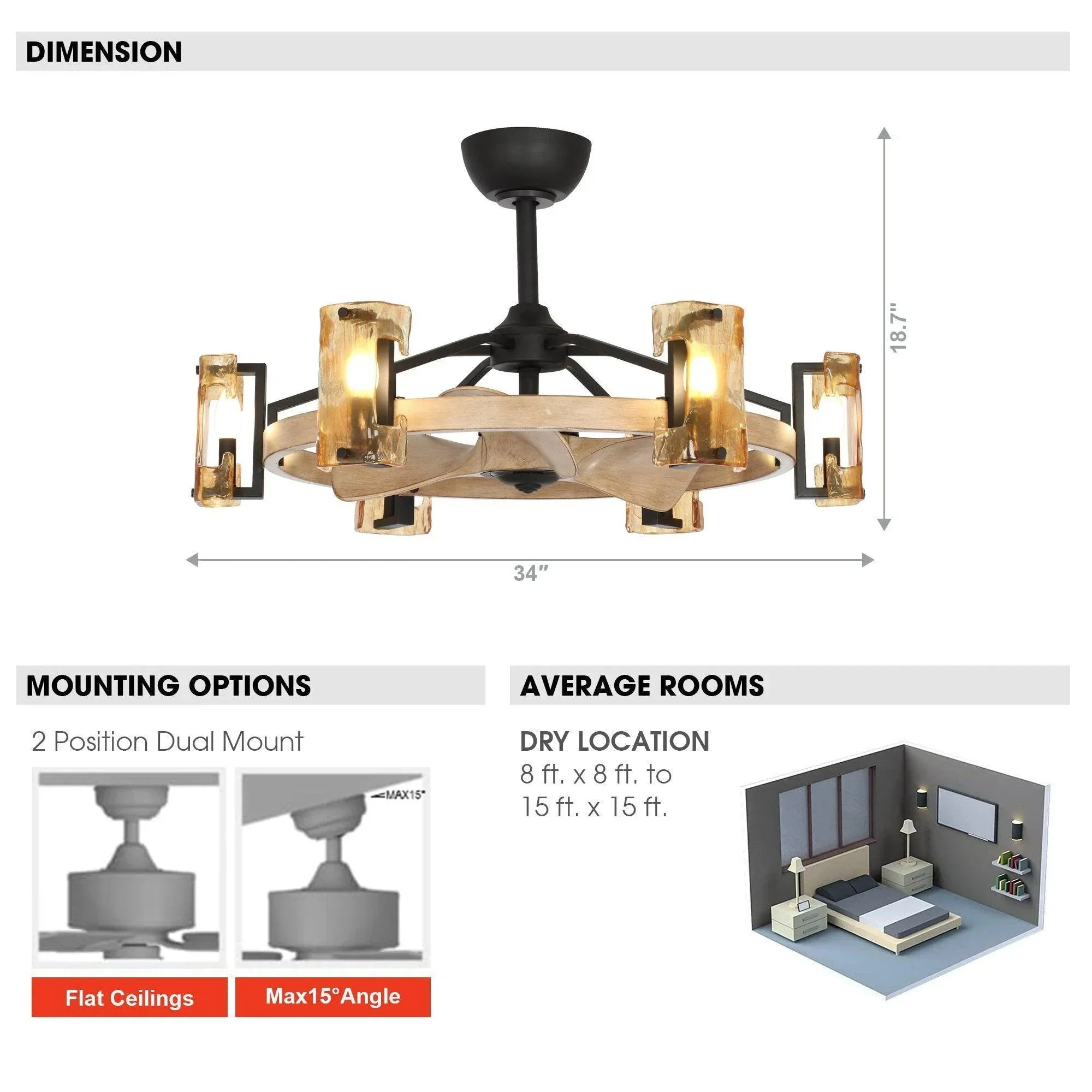 Parrot Uncle 34-Inch Bucholz Farmhouse DC Motor Downrod Mount Reversible Ceiling Fan with Lighting and Remote Control (A829006CA-WOOD) - Image 8