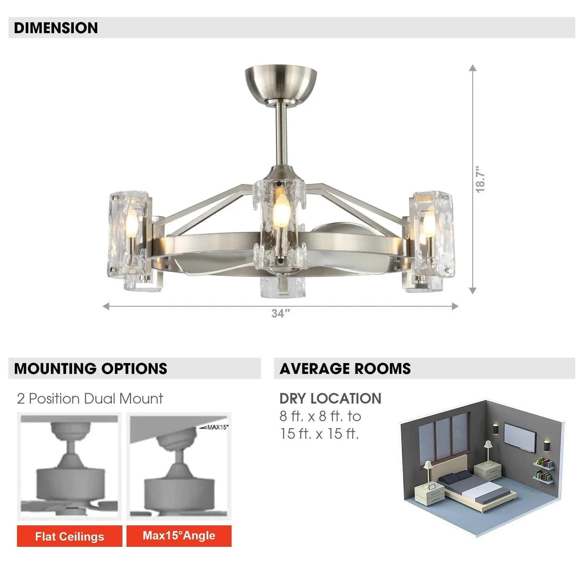 Parrot Uncle 34-Inch Bucholz Modern DC Motor Brushed Nickel Downrod Mount Reversible Ceiling Fan with LED Lighting and Remote Control (A829006CA110V) - Image 14