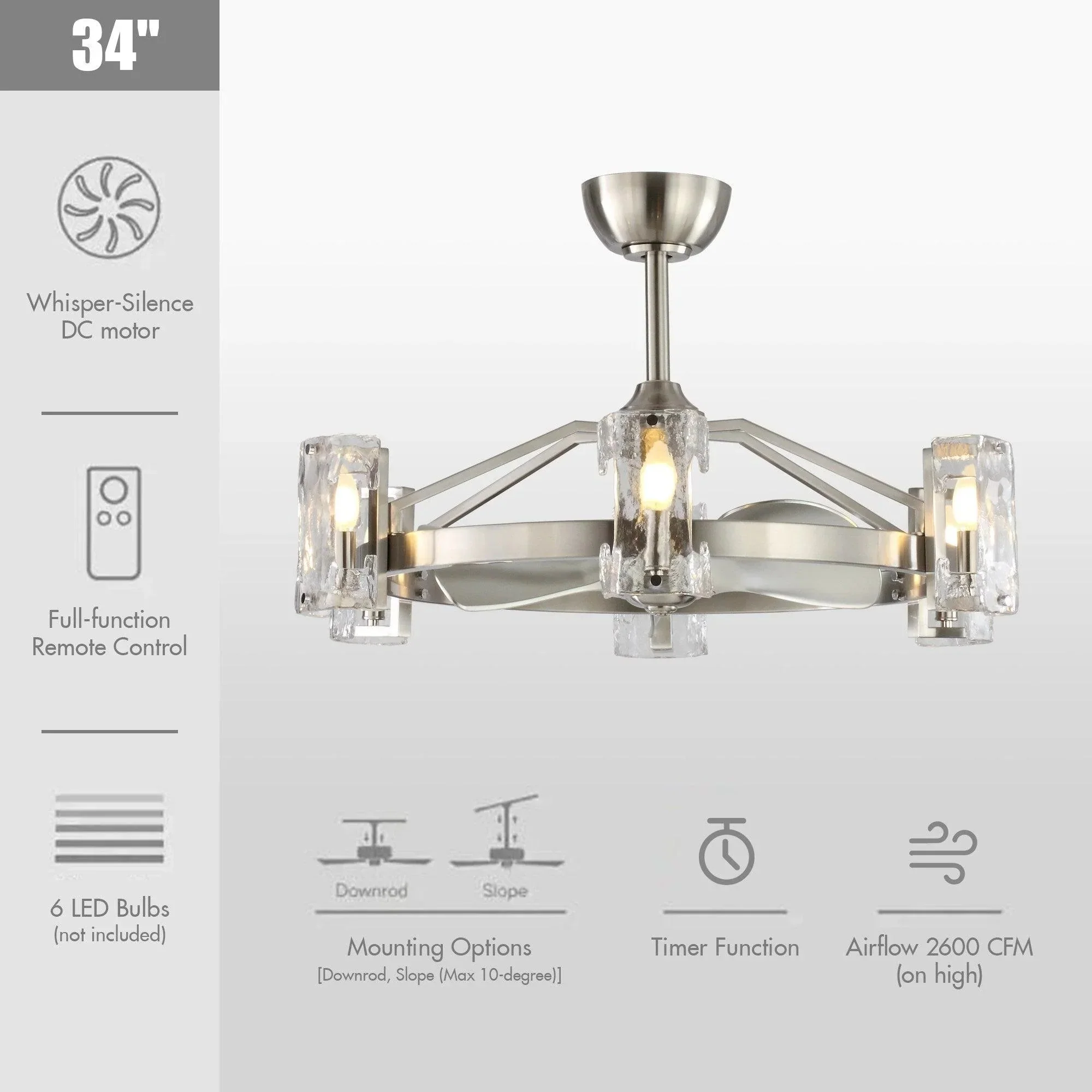 Parrot Uncle 34-Inch Bucholz Modern DC Motor Brushed Nickel Downrod Mount Reversible Ceiling Fan with LED Lighting and Remote Control (A829006CA110V) - Image 9