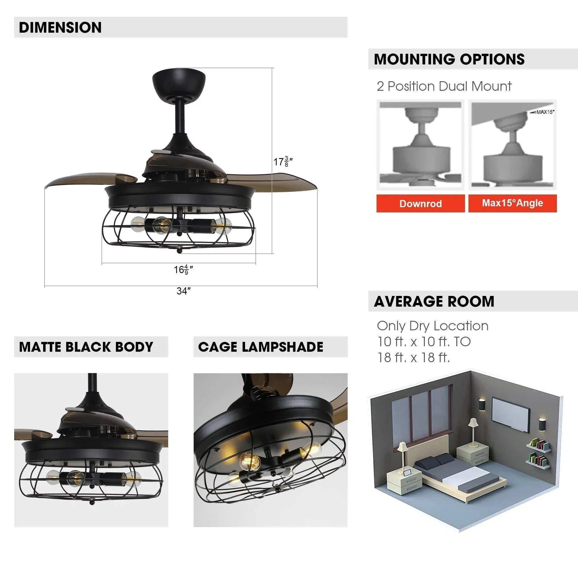 Parrot Uncle 36-Inch Benally Industrial Downrod Mount Ceiling Fan with Lighting and Remote Control (F3501QQ110V) - Image 6
