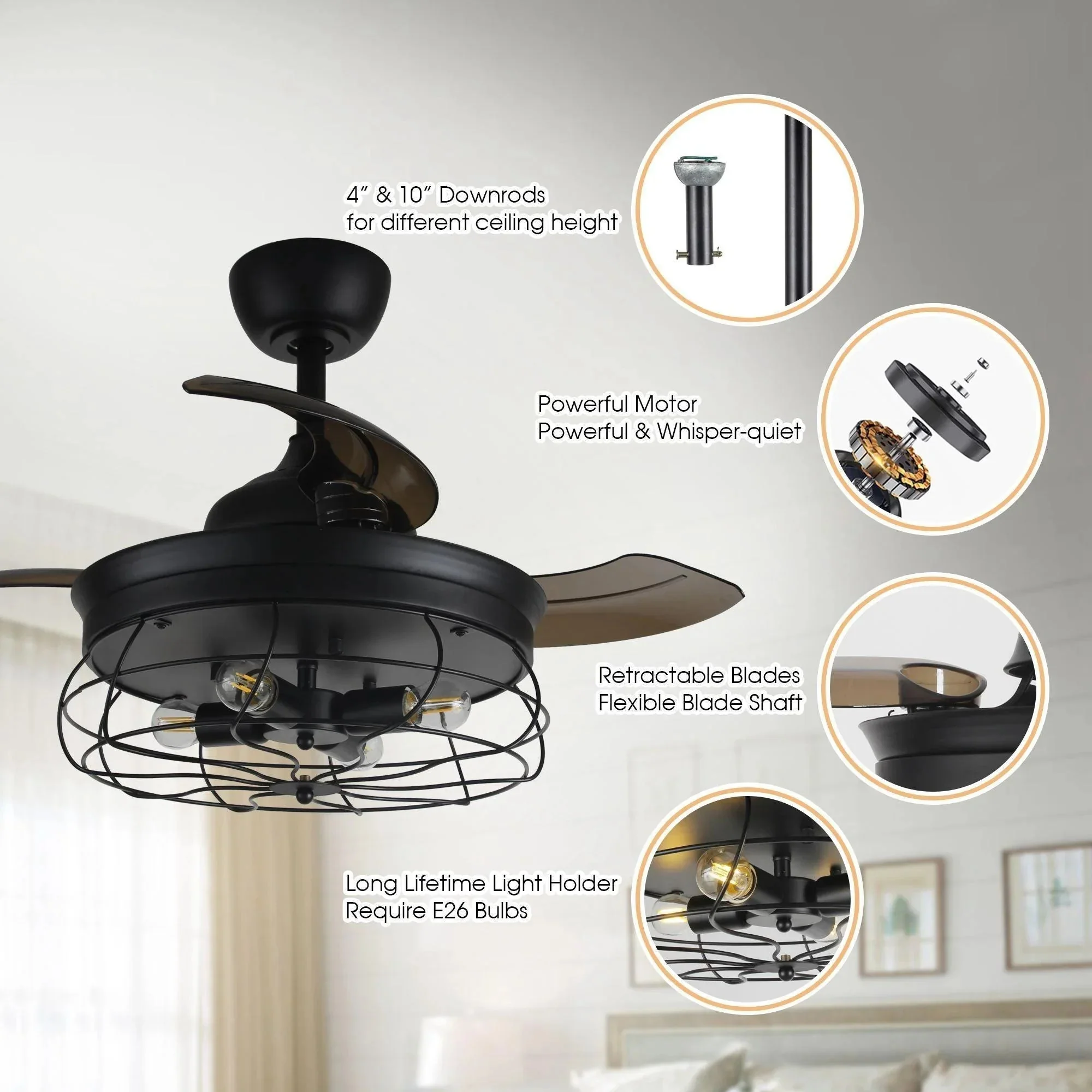 Parrot Uncle 36-Inch Benally Industrial Downrod Mount Ceiling Fan with Lighting and Remote Control (F3501QQ110V) - Image 8