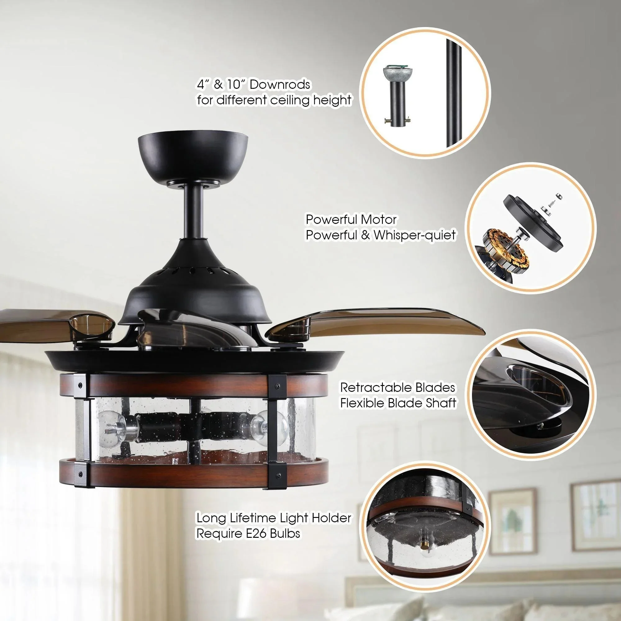 Parrot Uncle 36-Inch Caselli Industrial Downrod Mount Ceiling Fan with Lighting and Remote Control (F3506Q110V) - Image 6