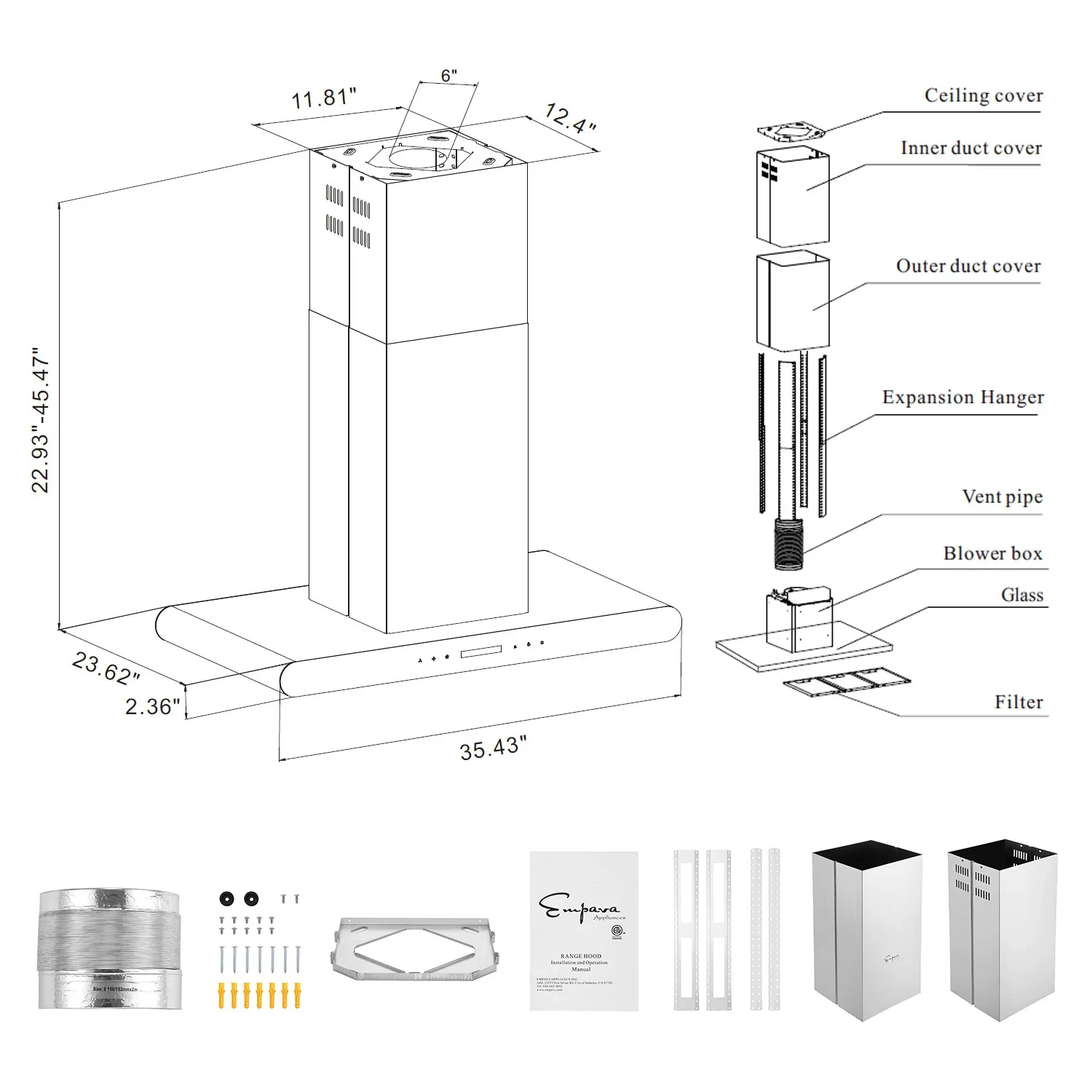 Empava 36-Inch 400 CFM Island Wall Mount Ducted Range Hood (EMPV-36RH10) - Image 9