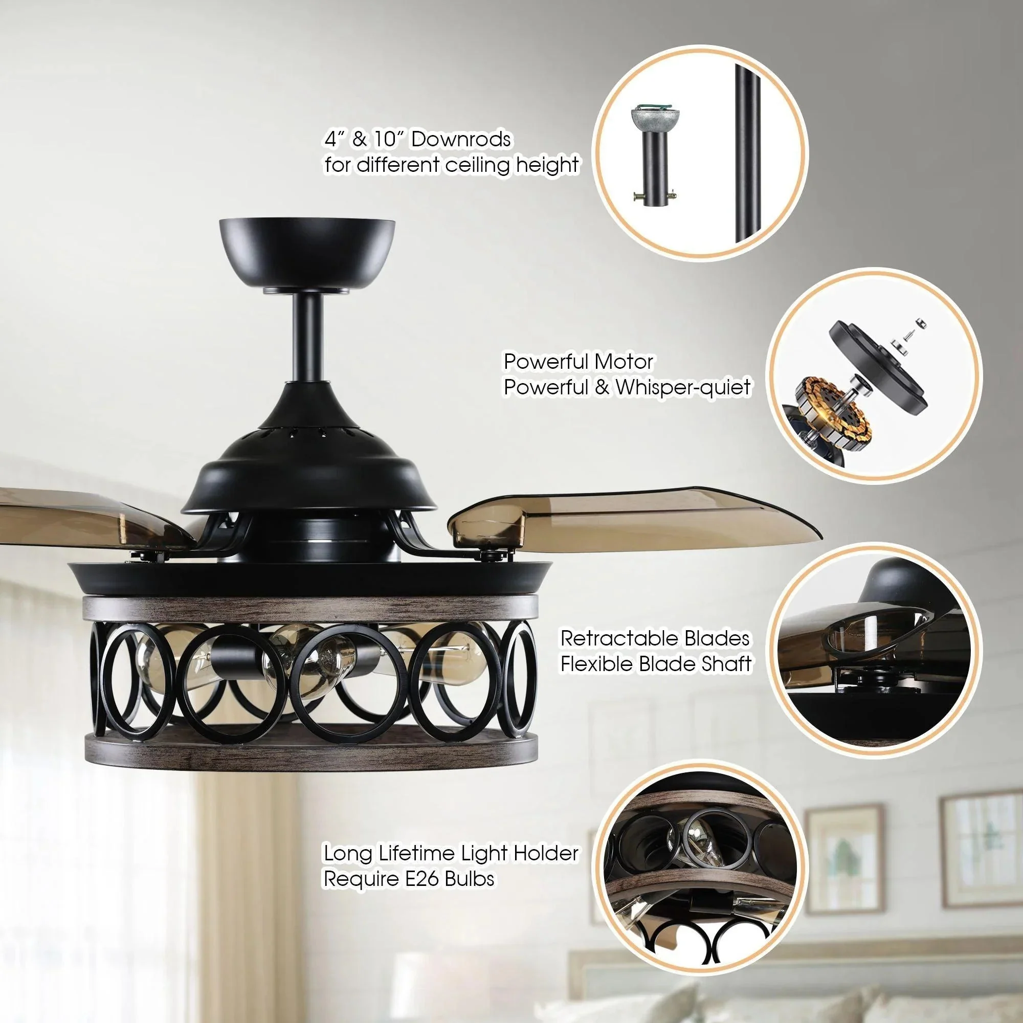Parrot Uncle 36-Inch Mirelle Farmhouse Downrod Mount Ceiling Fan with Lighting and Remote Control (F3511Q110V) - Image 6