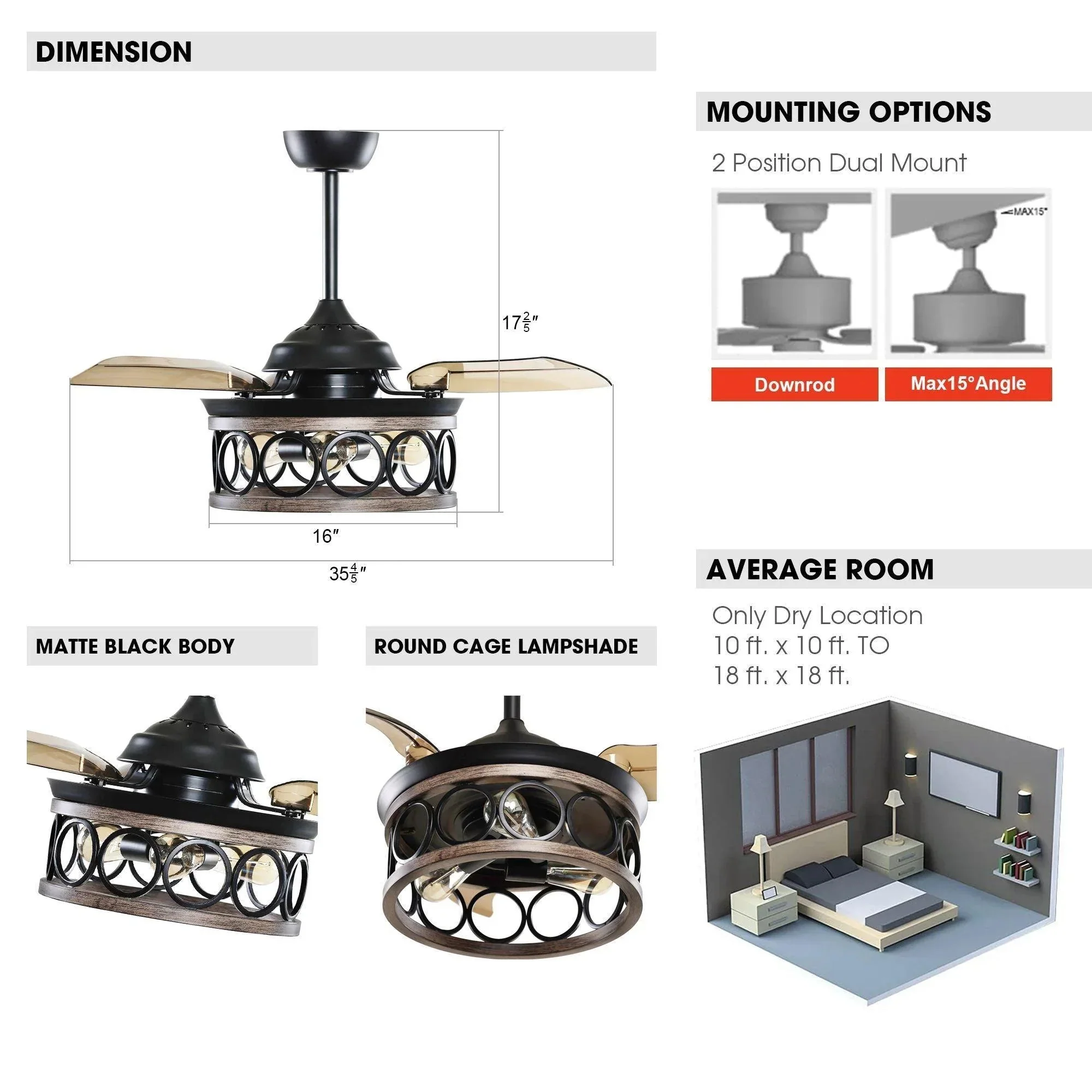 Parrot Uncle 36-Inch Mirelle Farmhouse Downrod Mount Ceiling Fan with Lighting and Remote Control (F3511Q110V) - Image 8