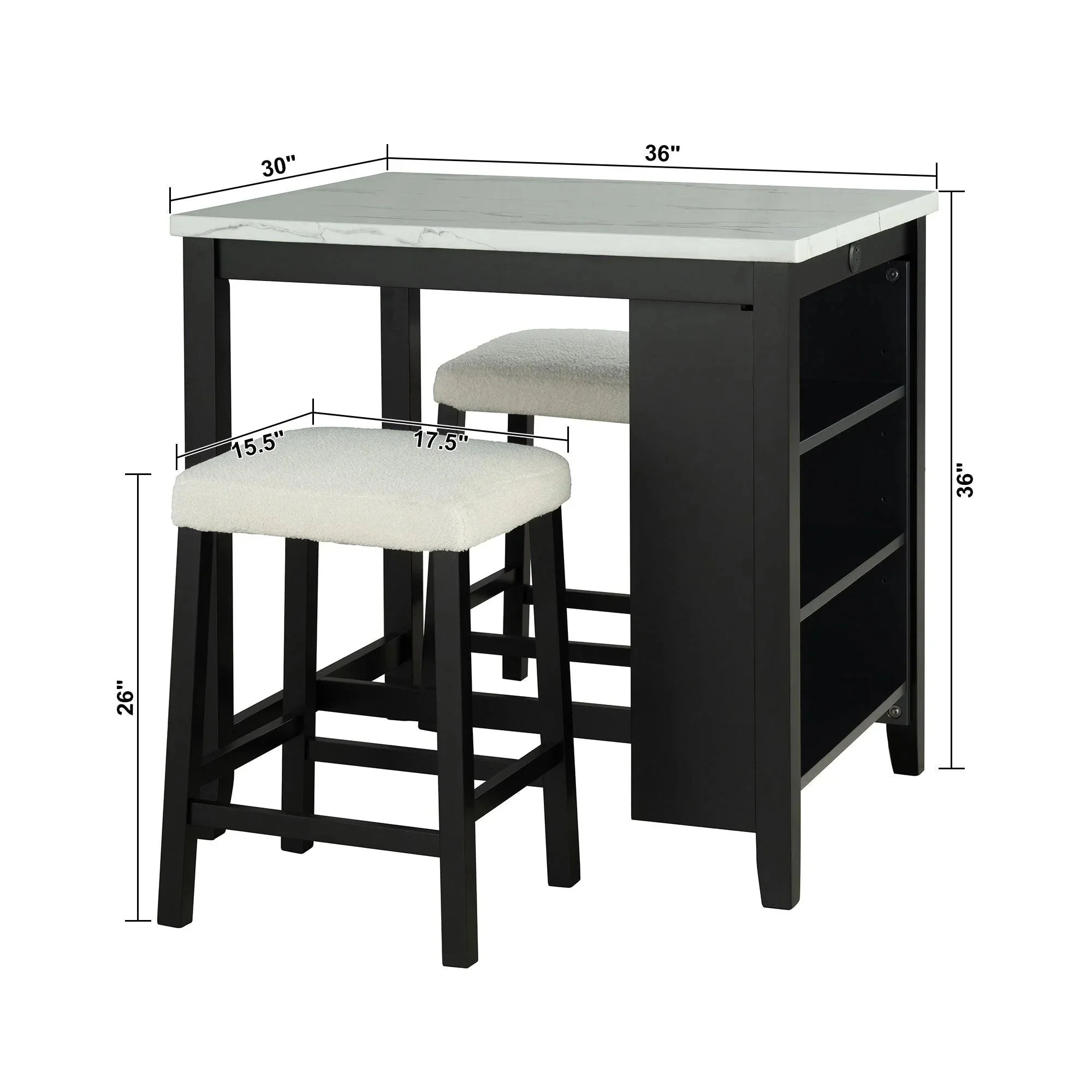 Parrot Uncle 36-Inch Modern Dining Table Set with 2 Stool, High Gloss Table Top, USB-A & USB-C Charging Ports (SL3401BK-PT-3PK-PU) - Image 15