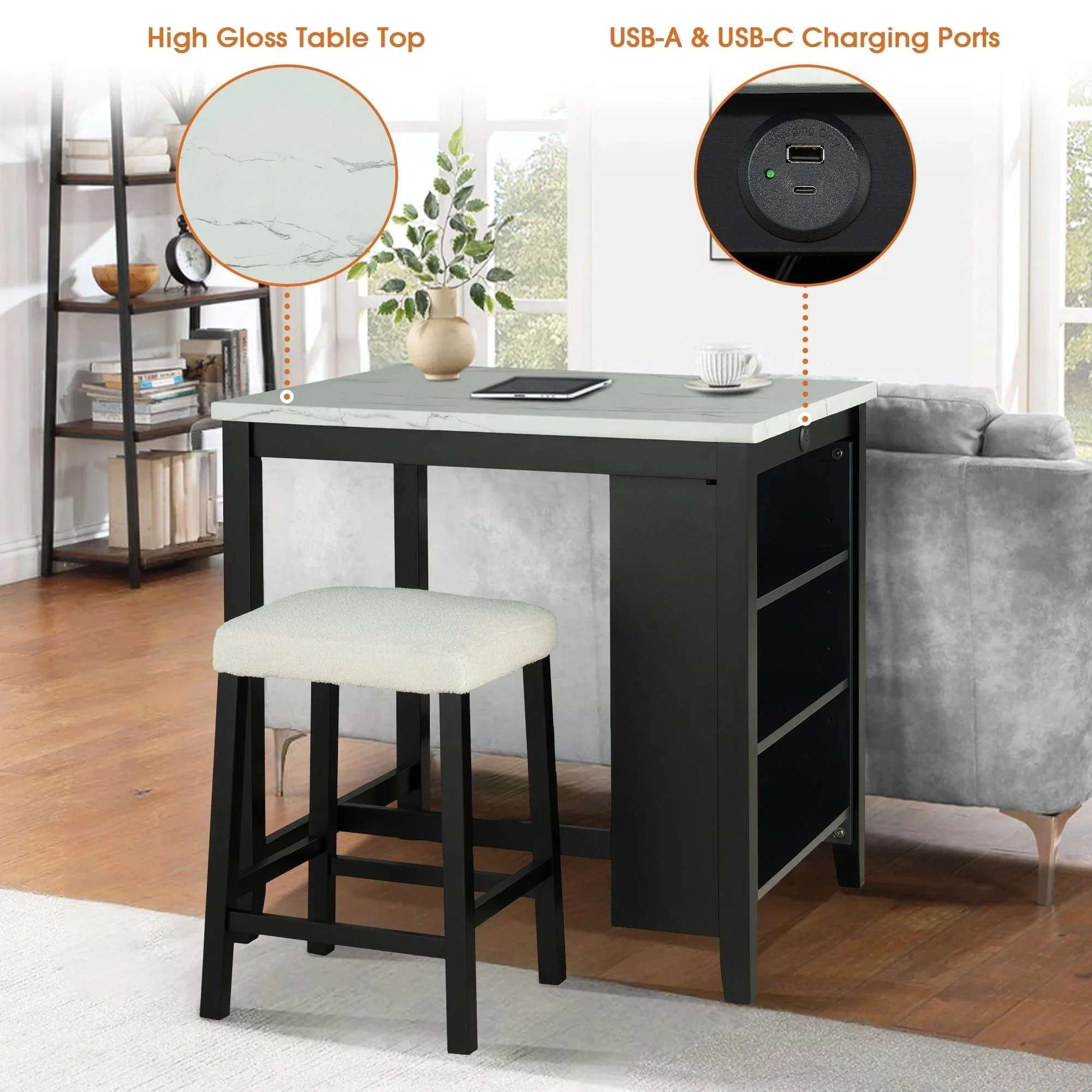 Parrot Uncle 36-Inch Modern Dining Table Set with 2 Stool, High Gloss Table Top, USB-A & USB-C Charging Ports (SL3401BK-PT-3PK-PU) - Image 5