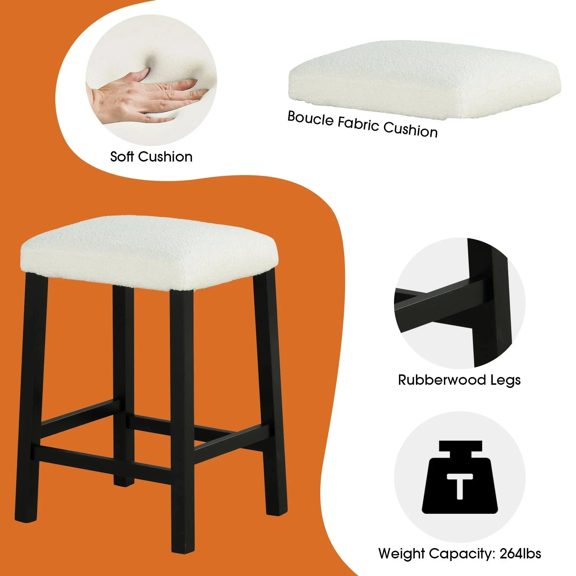 Parrot Uncle 36-Inch Modern Dining Table Set with 2 Stool, High Gloss Table Top, USB-A & USB-C Charging Ports (SL3401BK-PT-3PK-PU) - Image 6