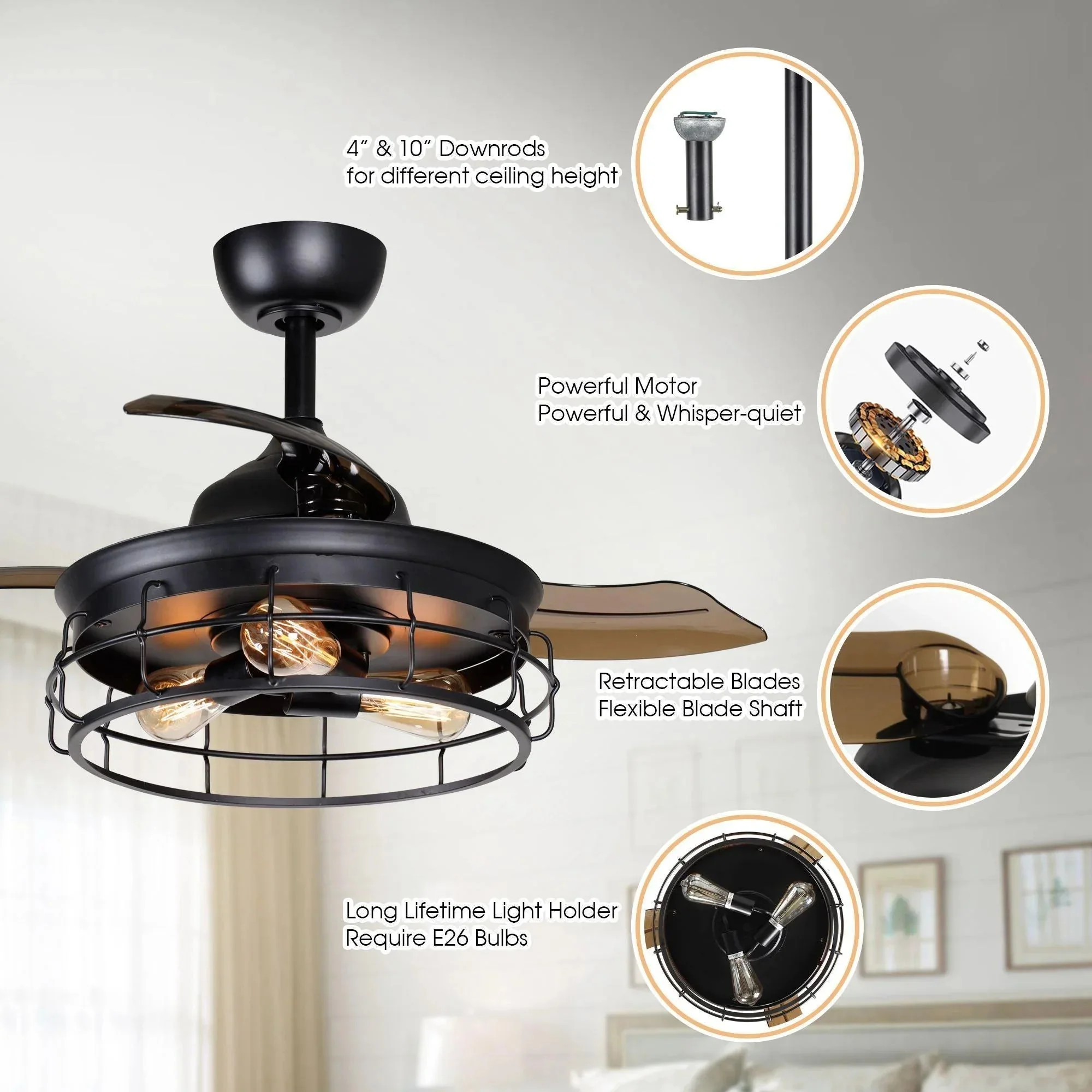 Parrot Uncle 36-Inch Pickett Industrial Downrod Mount Ceiling Fan with Lighting and Remote Control (F3504QQ110V) - Image 6