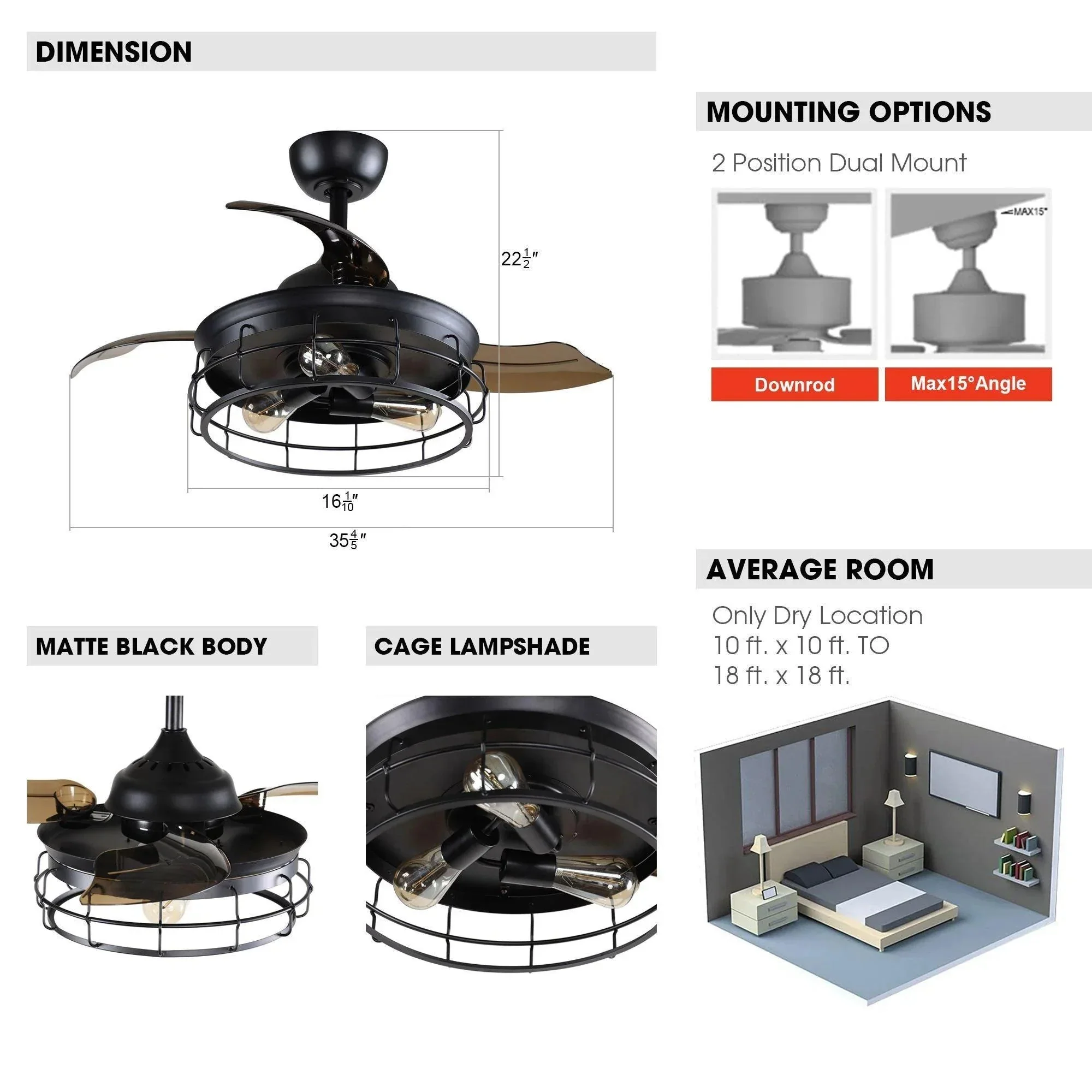 Parrot Uncle 36-Inch Pickett Industrial Downrod Mount Ceiling Fan with Lighting and Remote Control (F3504QQ110V) - Image 7