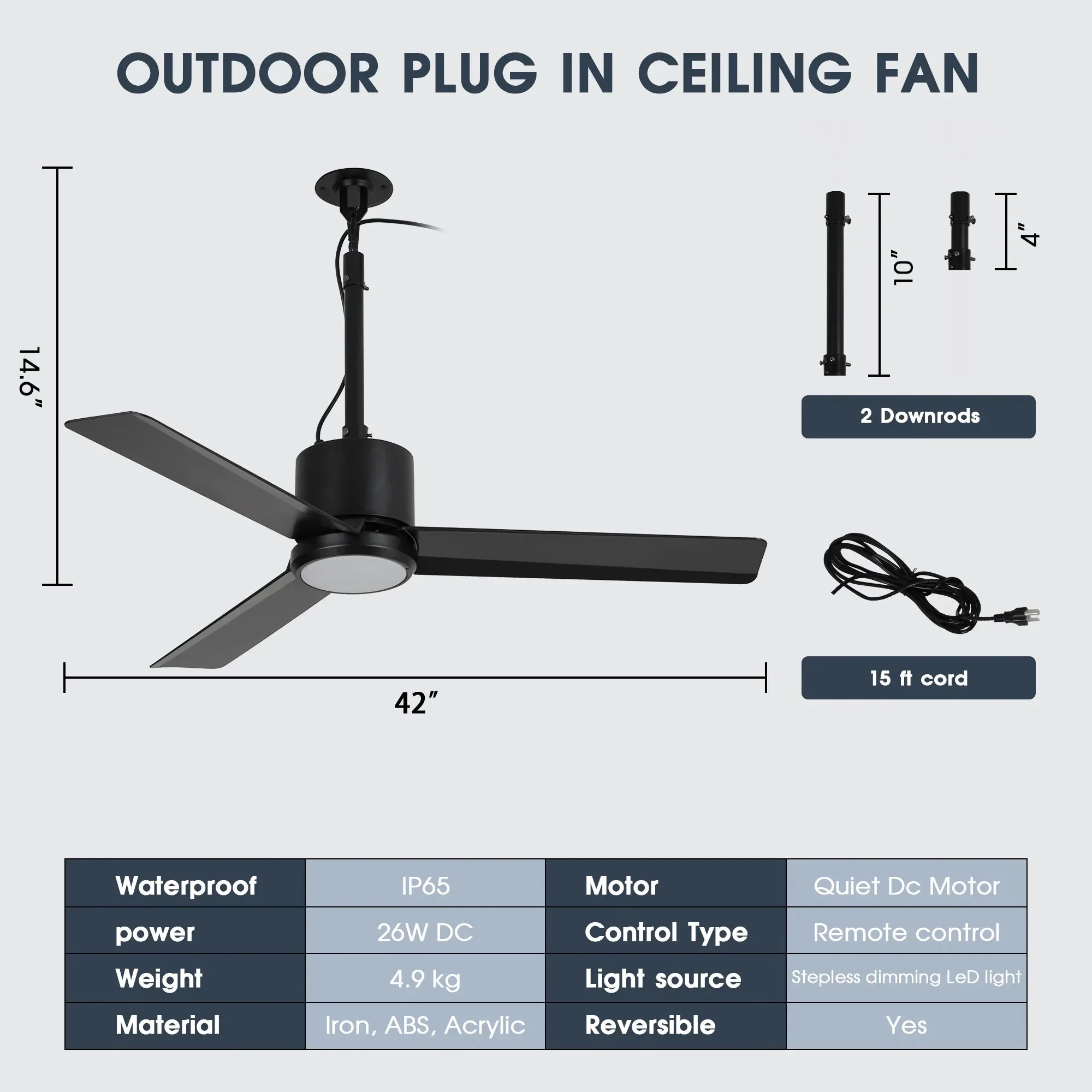 Parrot Uncle 42-Inch Rhine Indoor/Wet Outdoor IP65 Black Anywhere Waterproof Ceiling Fan with LED Light and Convenient Hanging Hook (F5001BK) - Image 4