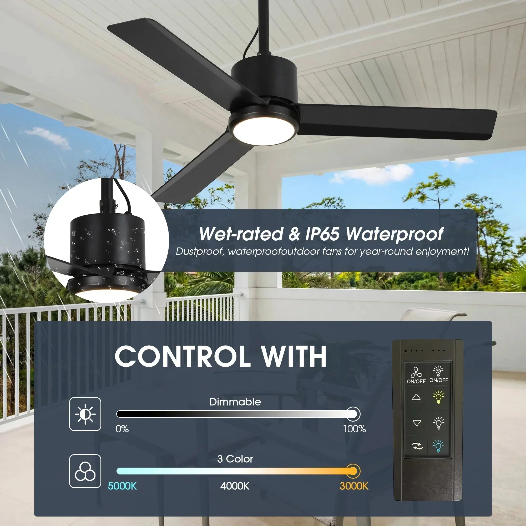 Parrot Uncle 42-Inch Rhine Indoor/Wet Outdoor IP65 Black Anywhere Waterproof Ceiling Fan with LED Light and Convenient Hanging Hook (F5001BK) - Image 6