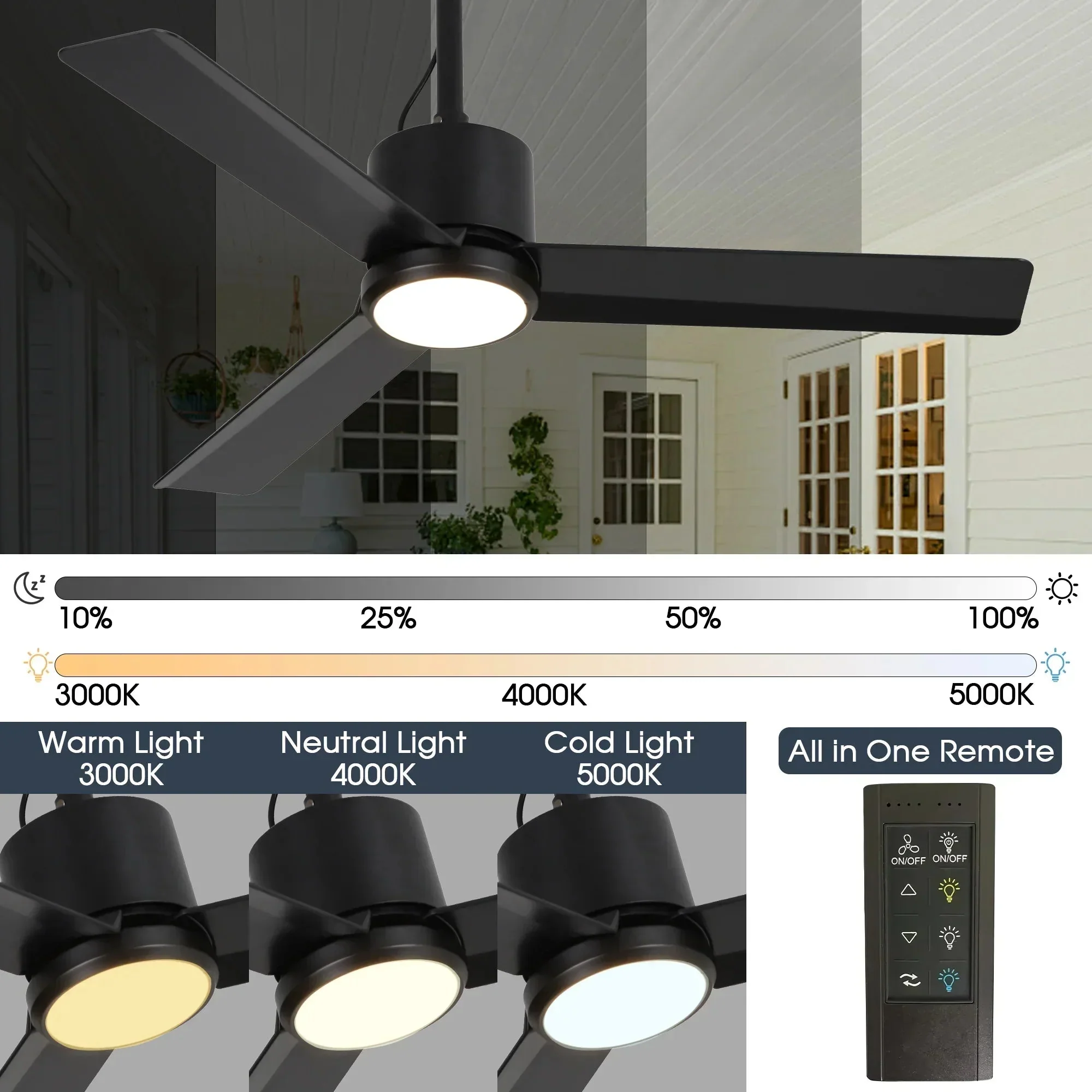 Parrot Uncle 42-Inch Rhine Indoor/Wet Outdoor IP65 Black Anywhere Waterproof Ceiling Fan with LED Light and Convenient Hanging Hook (F5001BK) - Image 8