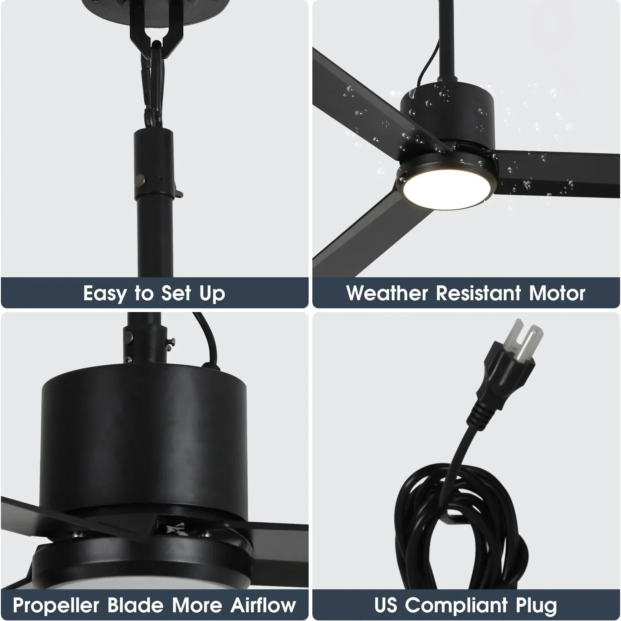 Parrot Uncle 42-Inch Rhine Indoor/Wet Outdoor IP65 Black Anywhere Waterproof Ceiling Fan with LED Light and Convenient Hanging Hook (F5001BK) - Image 9