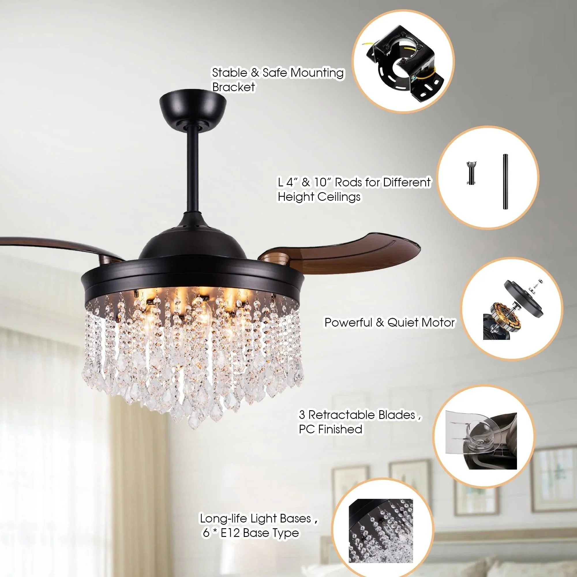 Parrot Uncle 42-Inch Mateo Modern Downrod Mount Crystal Ceiling Fan with Lighting and Remote Control - Image 14