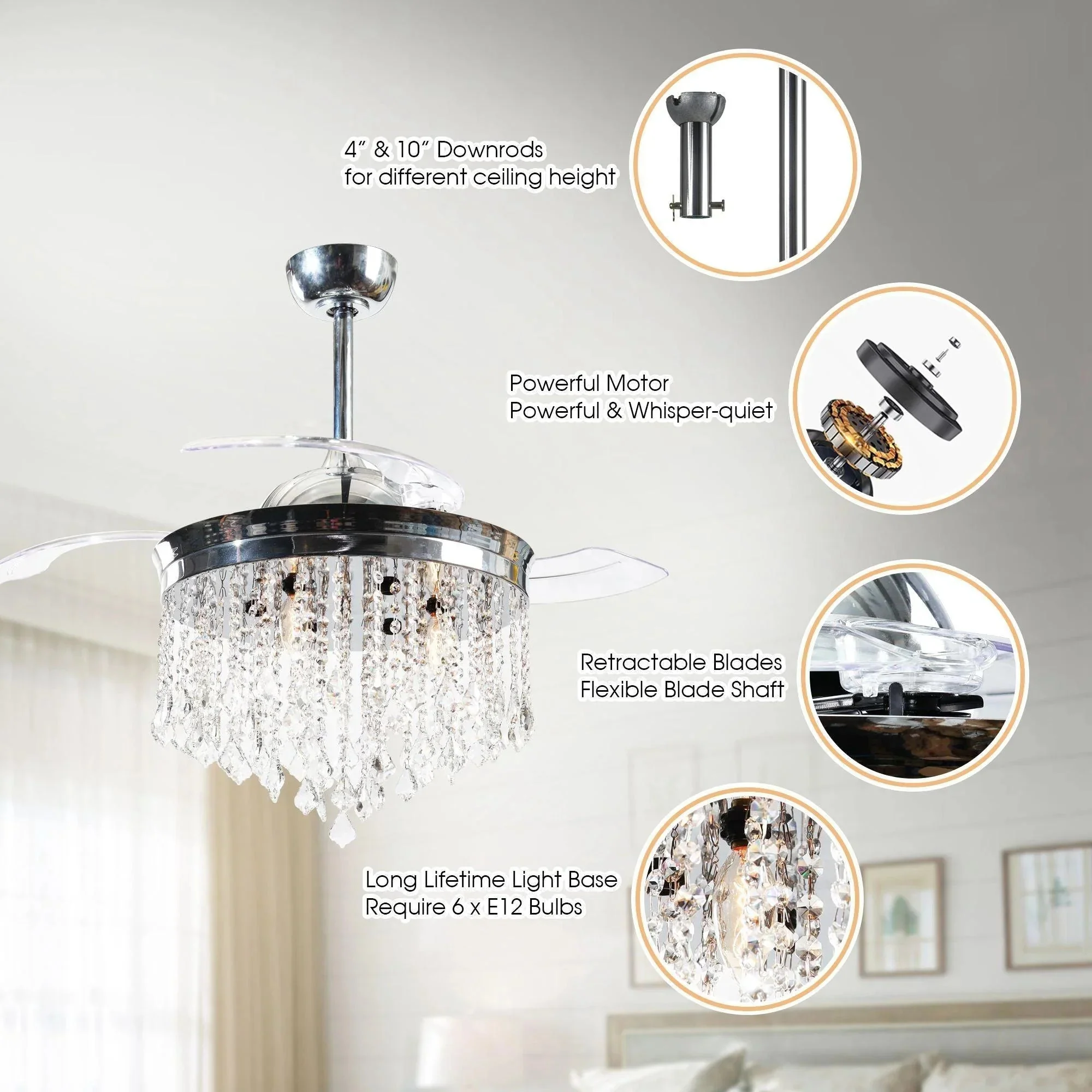 Parrot Uncle 42-Inch Mateo Modern Downrod Mount Crystal Ceiling Fan with Lighting and Remote Control - Image 5