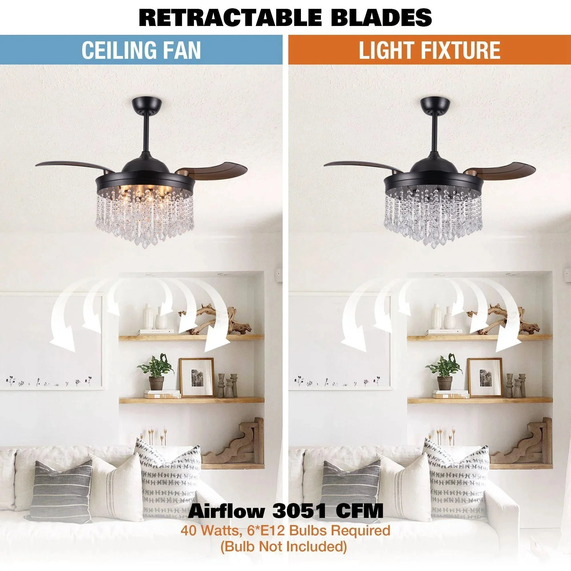 Parrot Uncle 42-Inch Mateo Modern Downrod Mount Crystal Ceiling Fan with Lighting and Remote Control - Image 6