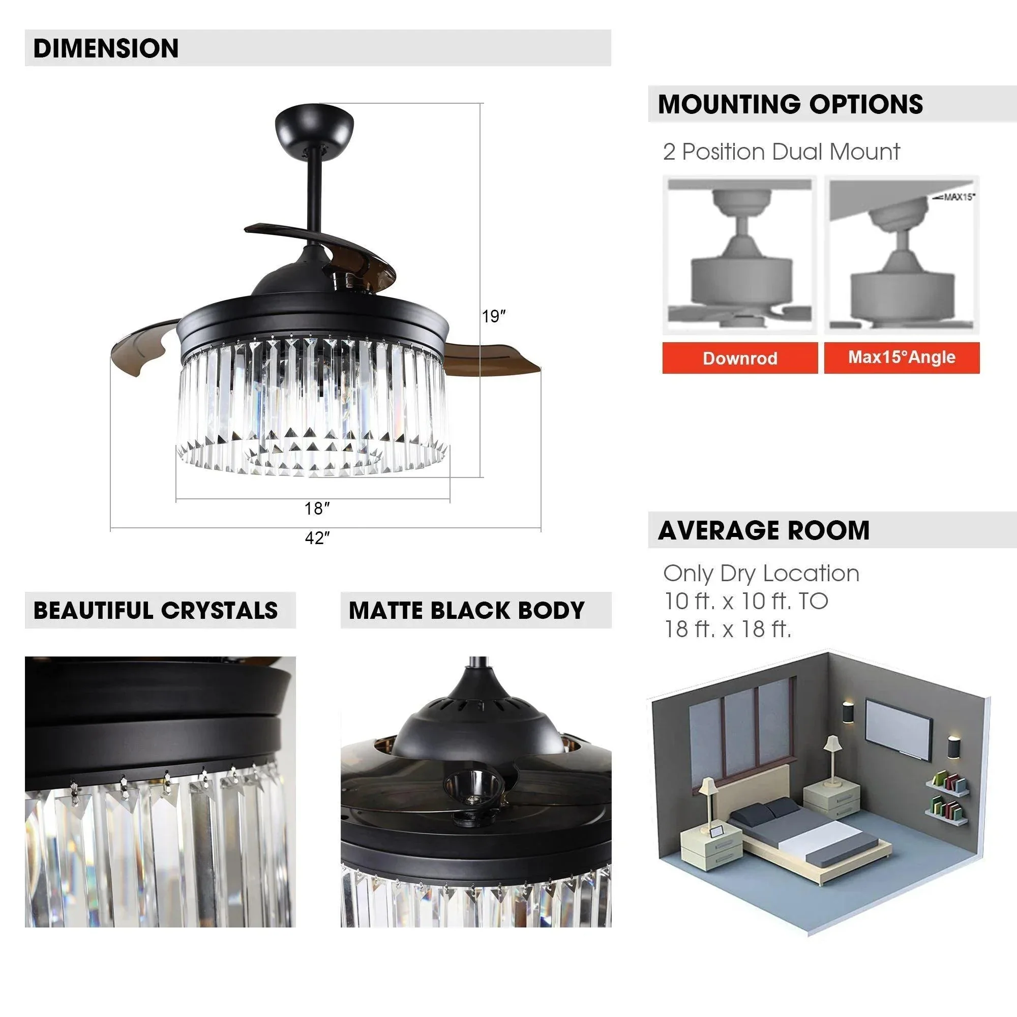 Parrot Uncle 42-Inch Modern Downrod Mount Crystal Ceiling Fan with Lighting and Remote Control (F4710QQ110V) - Image 10