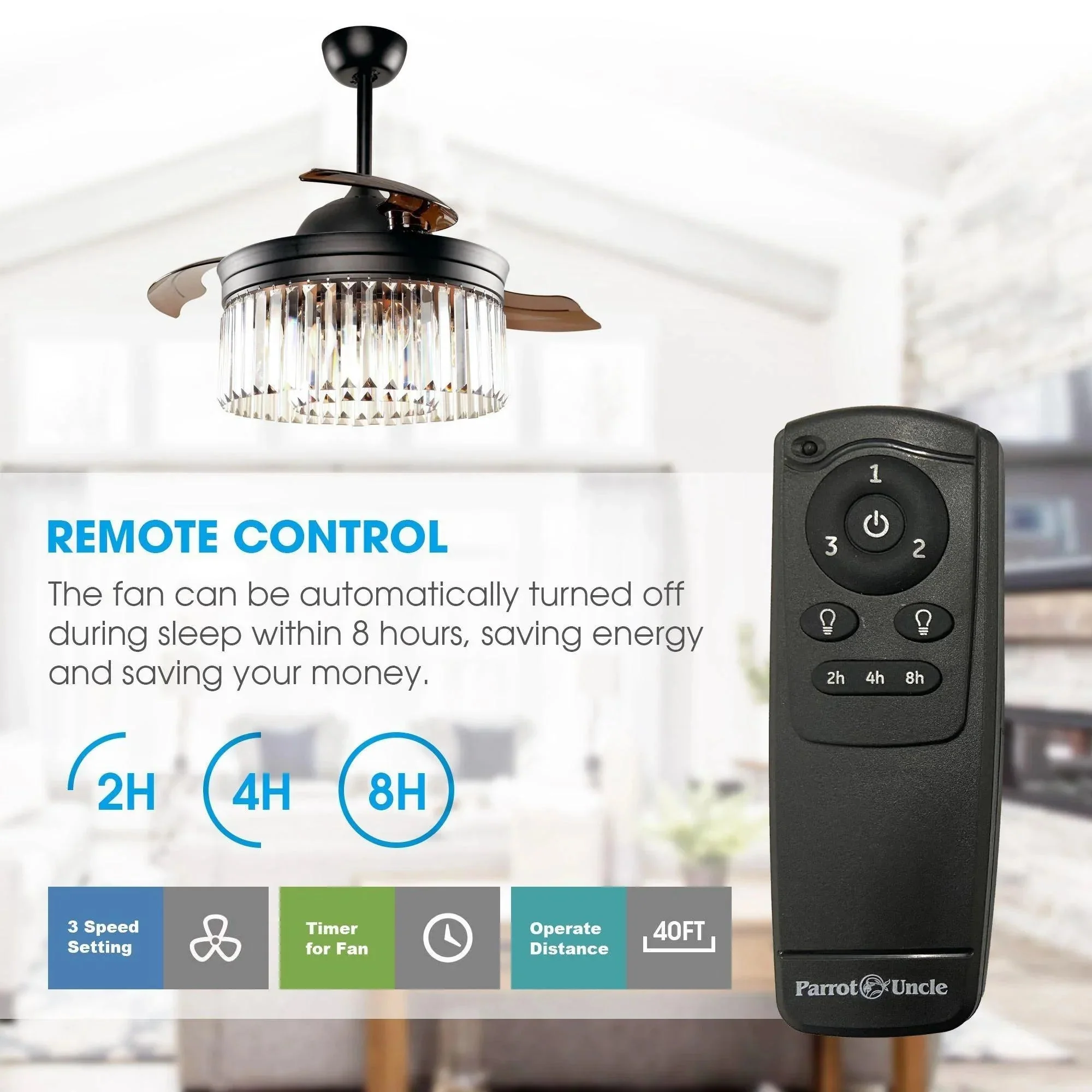 Parrot Uncle 42-Inch Modern Downrod Mount Crystal Ceiling Fan with Lighting and Remote Control (F4710QQ110V) - Image 6