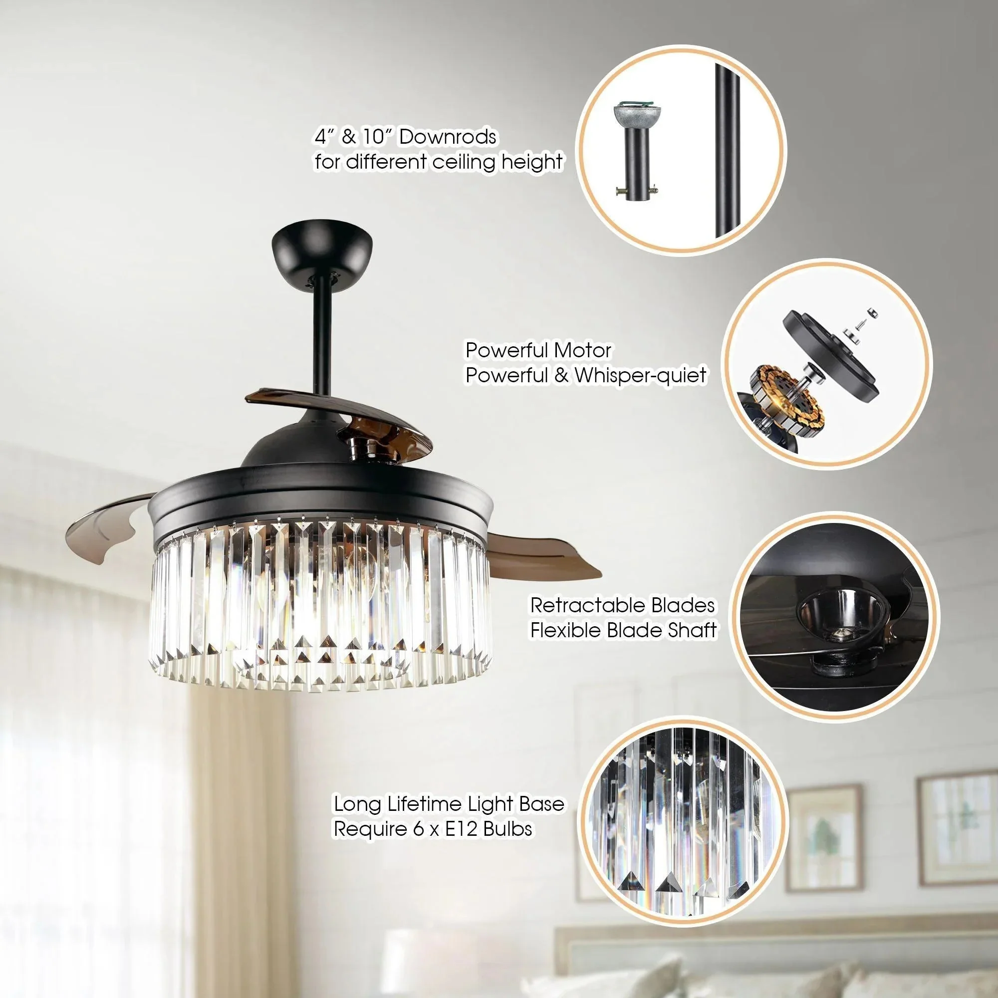 Parrot Uncle 42-Inch Modern Downrod Mount Crystal Ceiling Fan with Lighting and Remote Control (F4710QQ110V) - Image 7