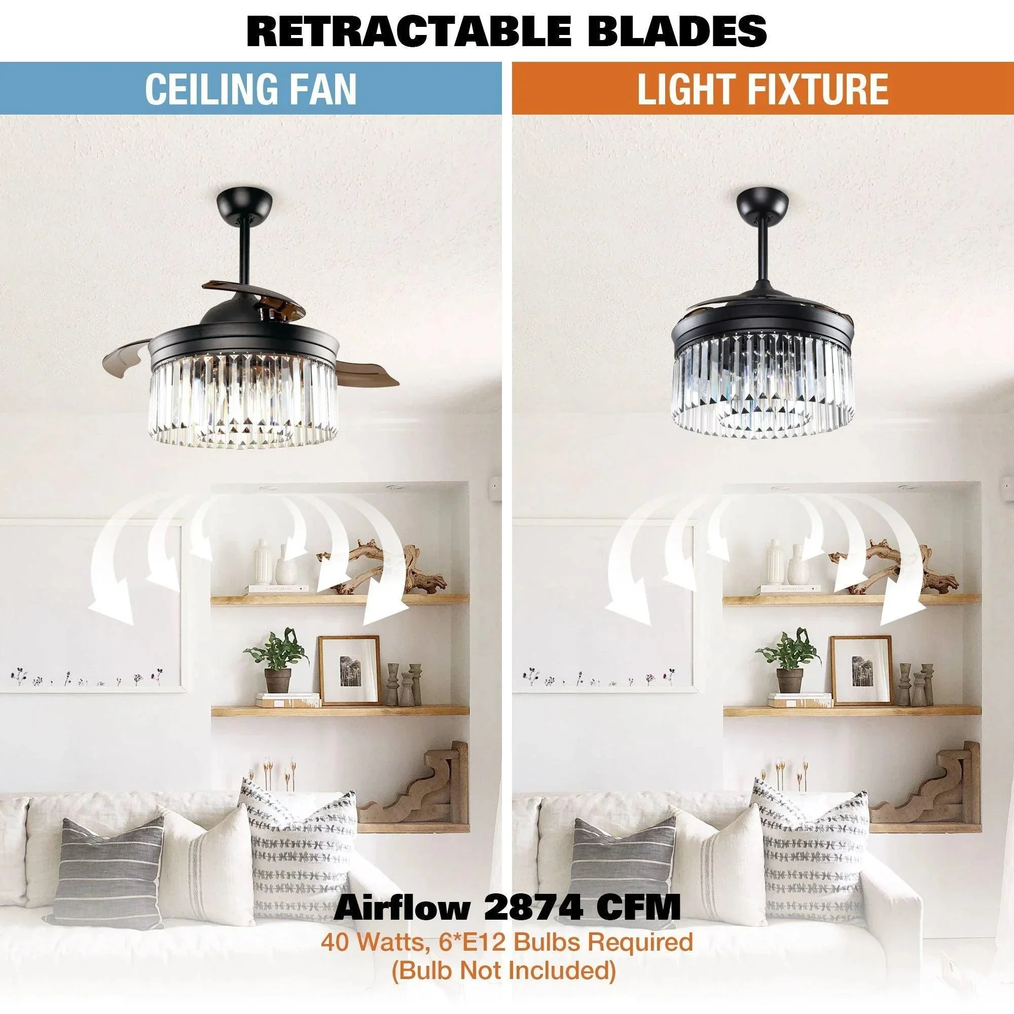 Parrot Uncle 42-Inch Modern Downrod Mount Crystal Ceiling Fan with Lighting and Remote Control (F4710QQ110V) - Image 8