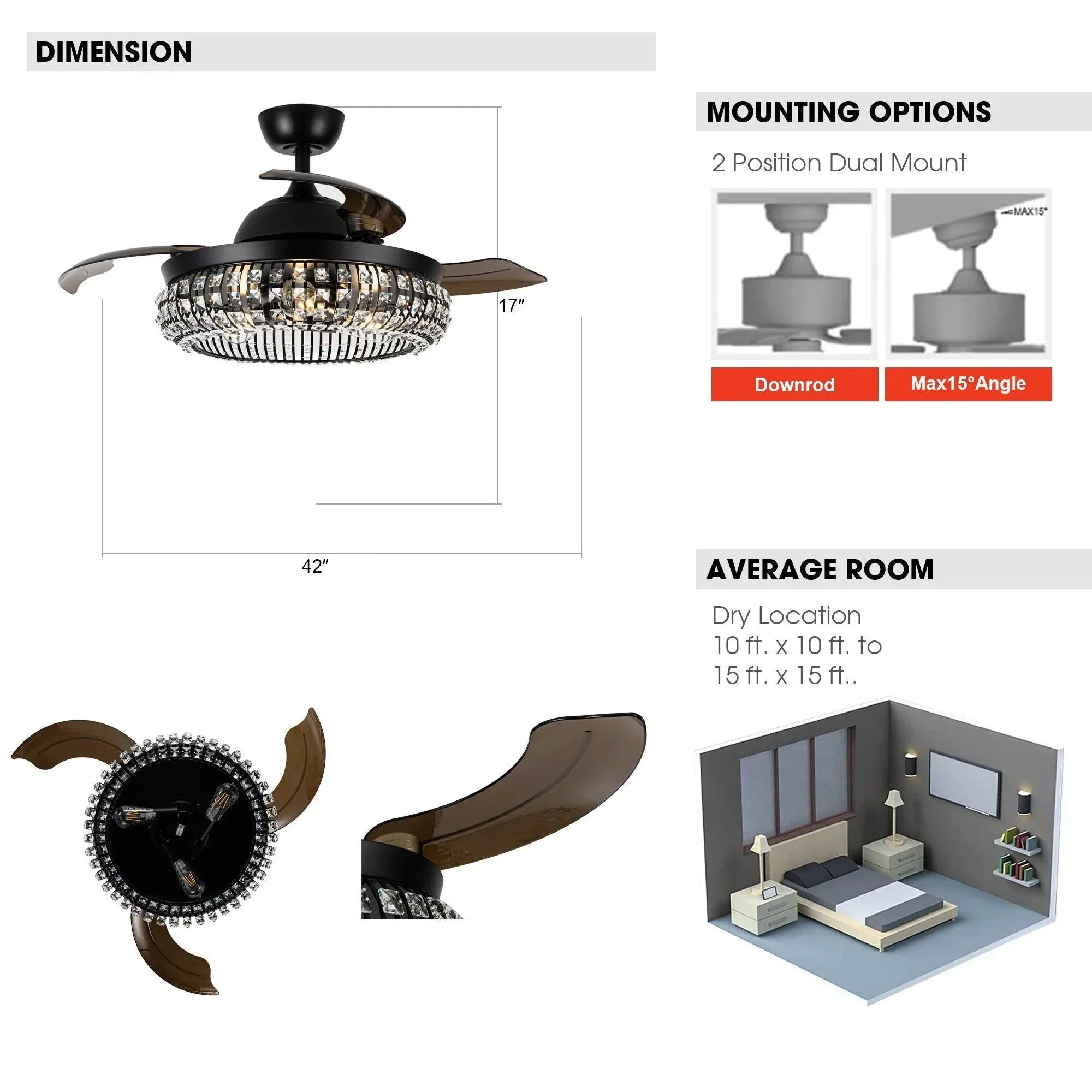 Parrot Uncle 42-Inch Modern Downrod Mount Crystal Ceiling Fan with Lighting and Remote Control (F4716Q110V) - Image 10