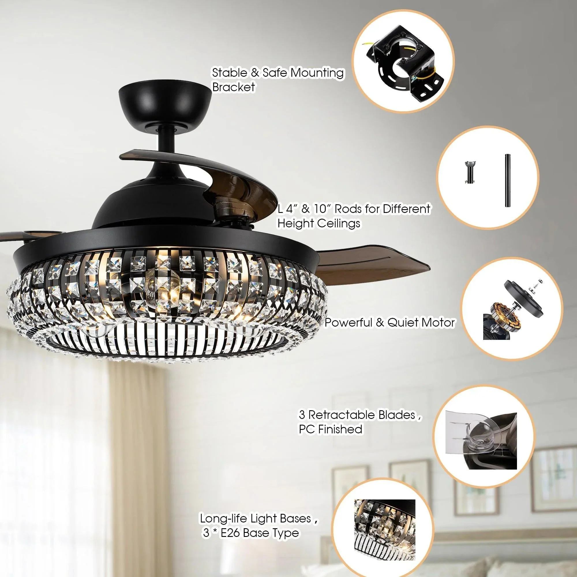 Parrot Uncle 42-Inch Modern Downrod Mount Crystal Ceiling Fan with Lighting and Remote Control (F4716Q110V) - Image 6