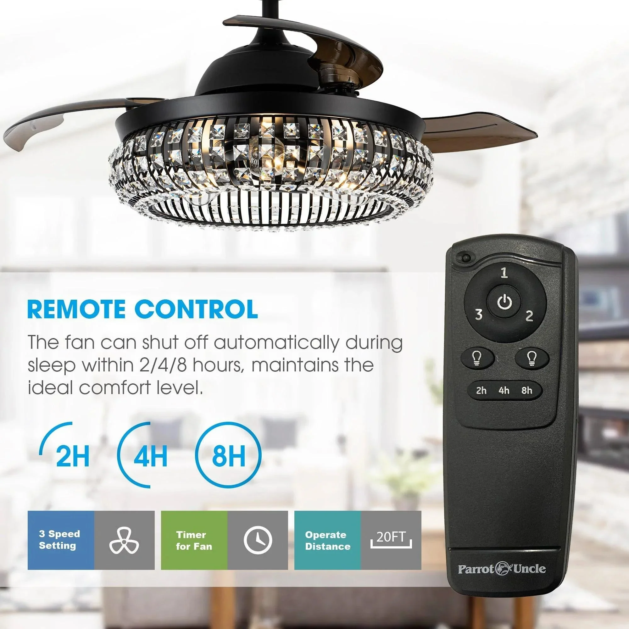 Parrot Uncle 42-Inch Modern Downrod Mount Crystal Ceiling Fan with Lighting and Remote Control (F4716Q110V) - Image 7