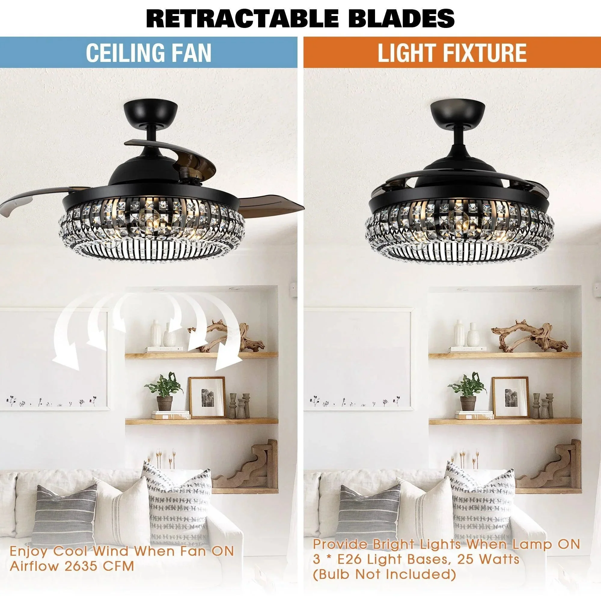 Parrot Uncle 42-Inch Modern Downrod Mount Crystal Ceiling Fan with Lighting and Remote Control (F4716Q110V) - Image 8