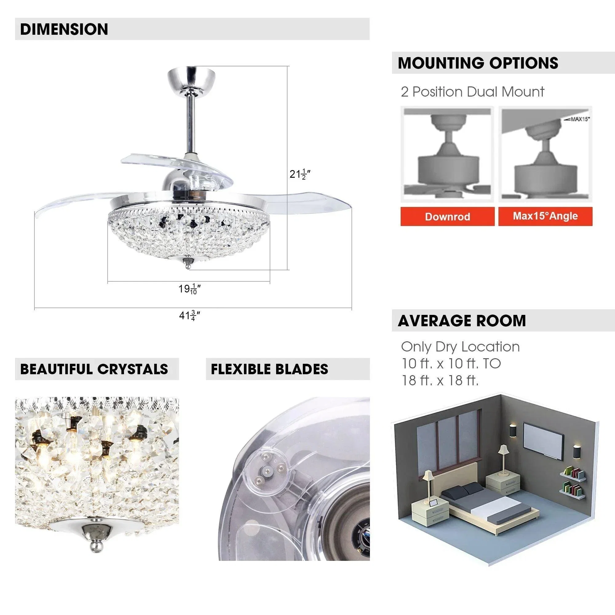 Parrot Uncle 42-Inch Servantes Modern Downrod Mount Crystal Ceiling Fan with Lighting and Remote Control - Image 10