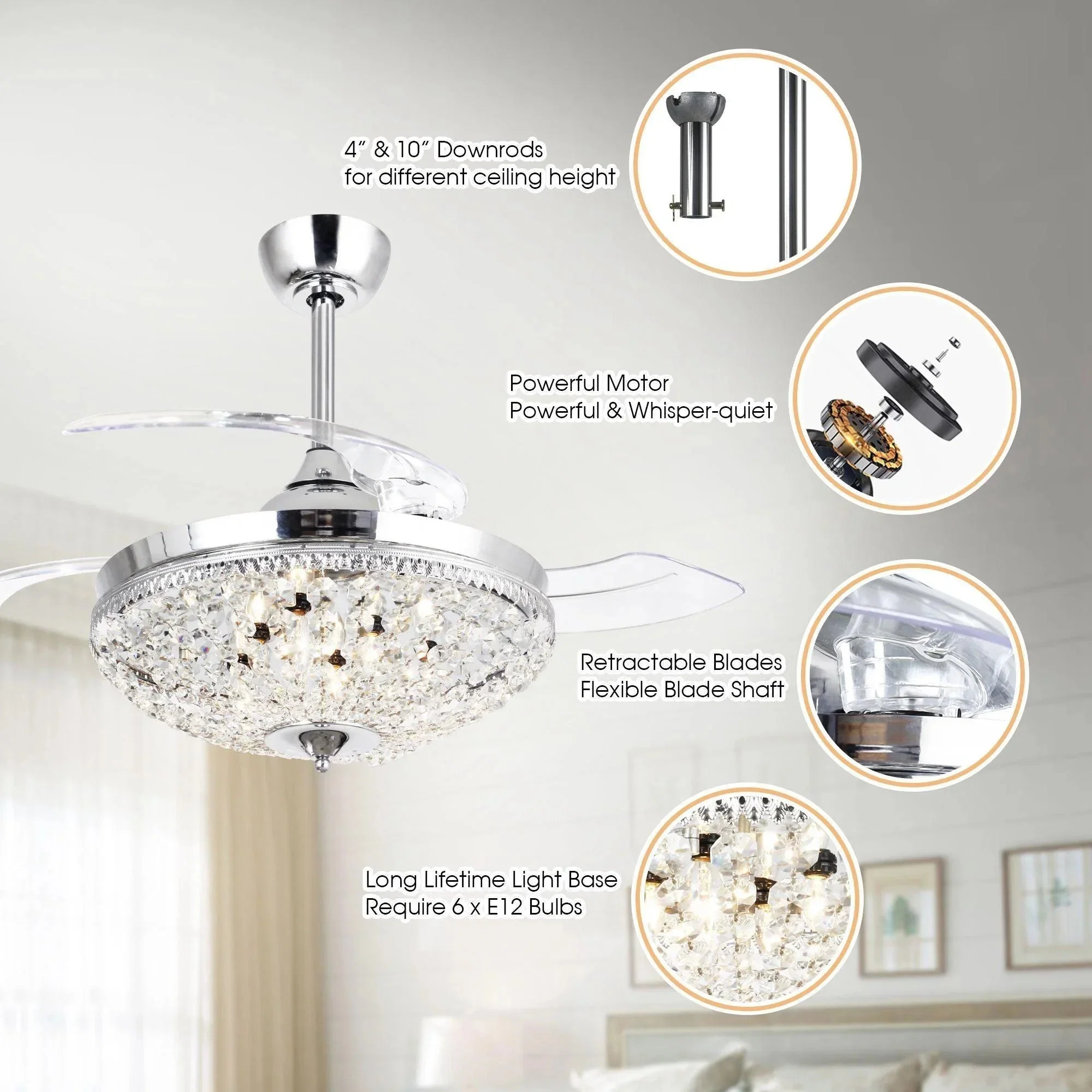 Parrot Uncle 42-Inch Servantes Modern Downrod Mount Crystal Ceiling Fan with Lighting and Remote Control - Image 8