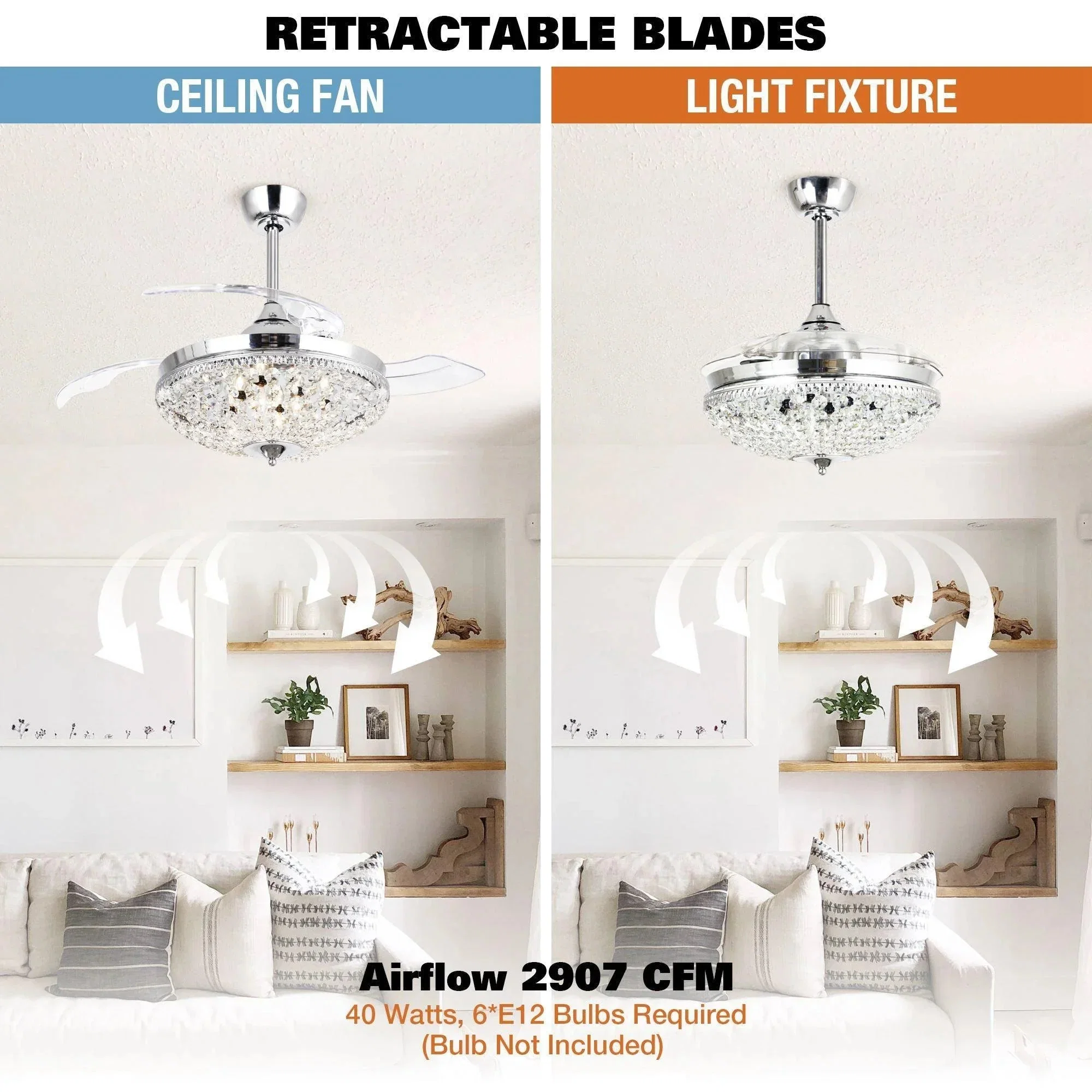 Parrot Uncle 42-Inch Servantes Modern Downrod Mount Crystal Ceiling Fan with Lighting and Remote Control - Image 9