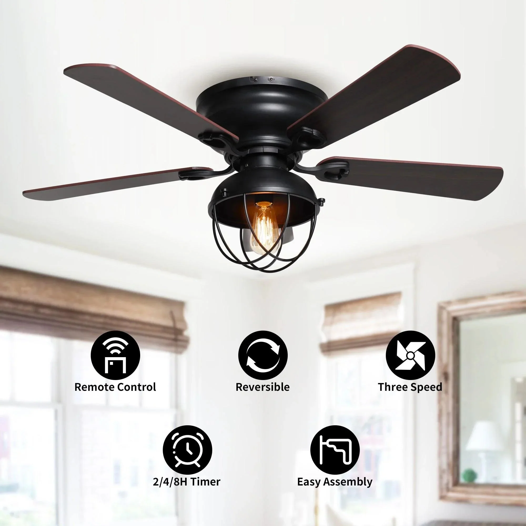 Parrot Uncle 42-Inch Traditional Flush Mount Reversible Ceiling Fan with Lighting and Remote Control (F6232QQ110V) - Image 7