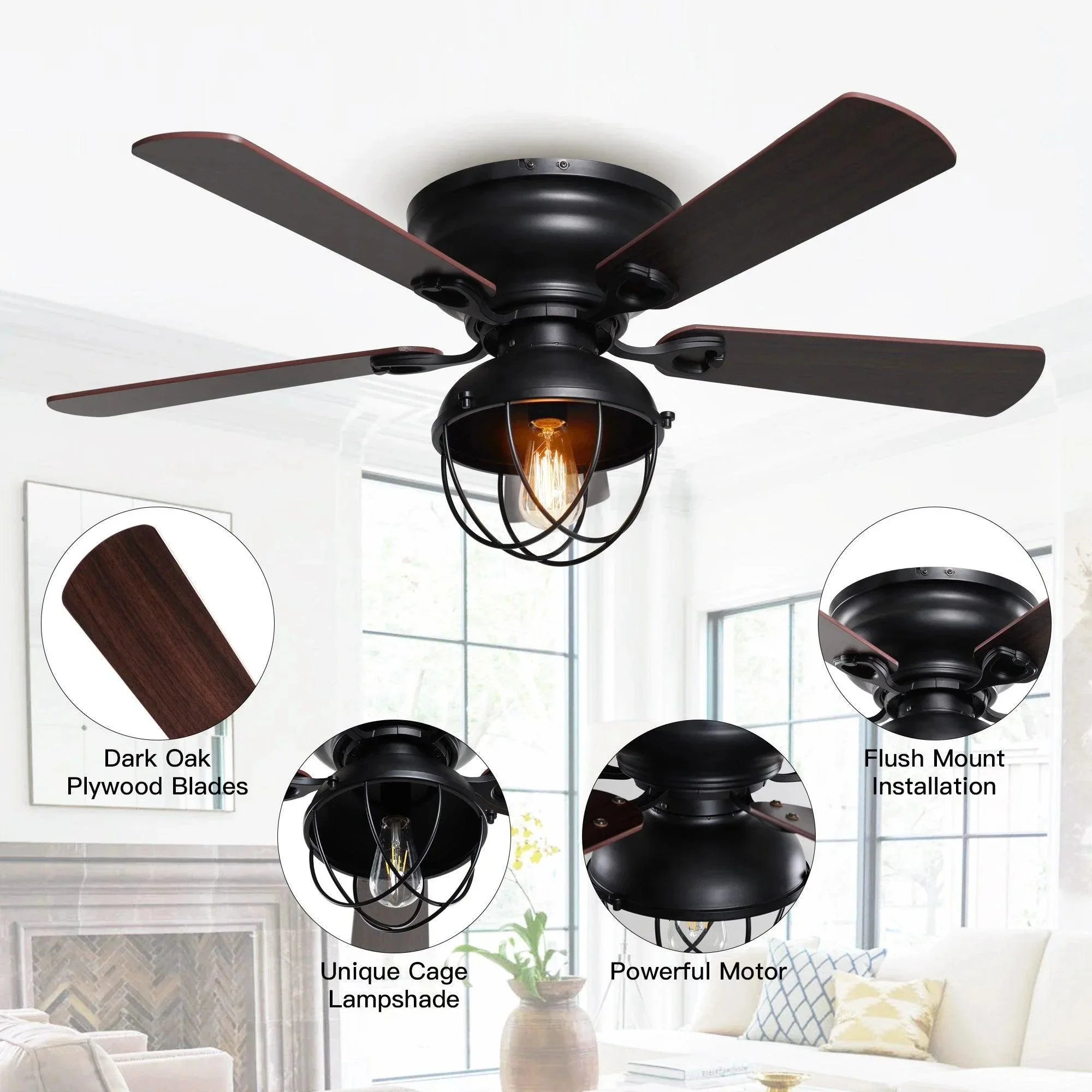 Parrot Uncle 42-Inch Traditional Flush Mount Reversible Ceiling Fan with Lighting and Remote Control (F6232QQ110V) - Image 8