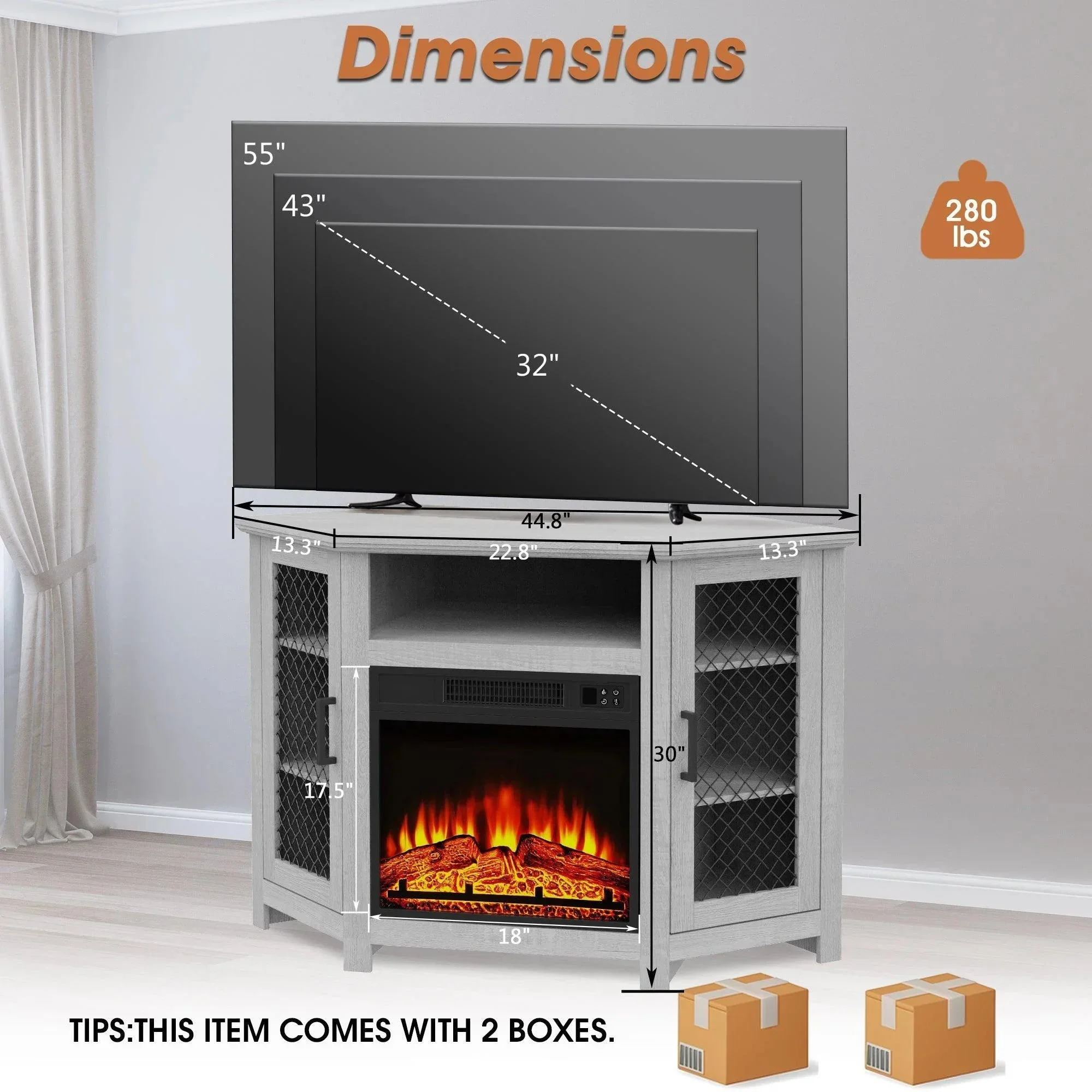 Parrot Uncle 45-Inch Corner Electric Fireplace TV Stands Console Table Insert 18" Electric Fireplace with 2 Metal Mesh Doors - Image 10