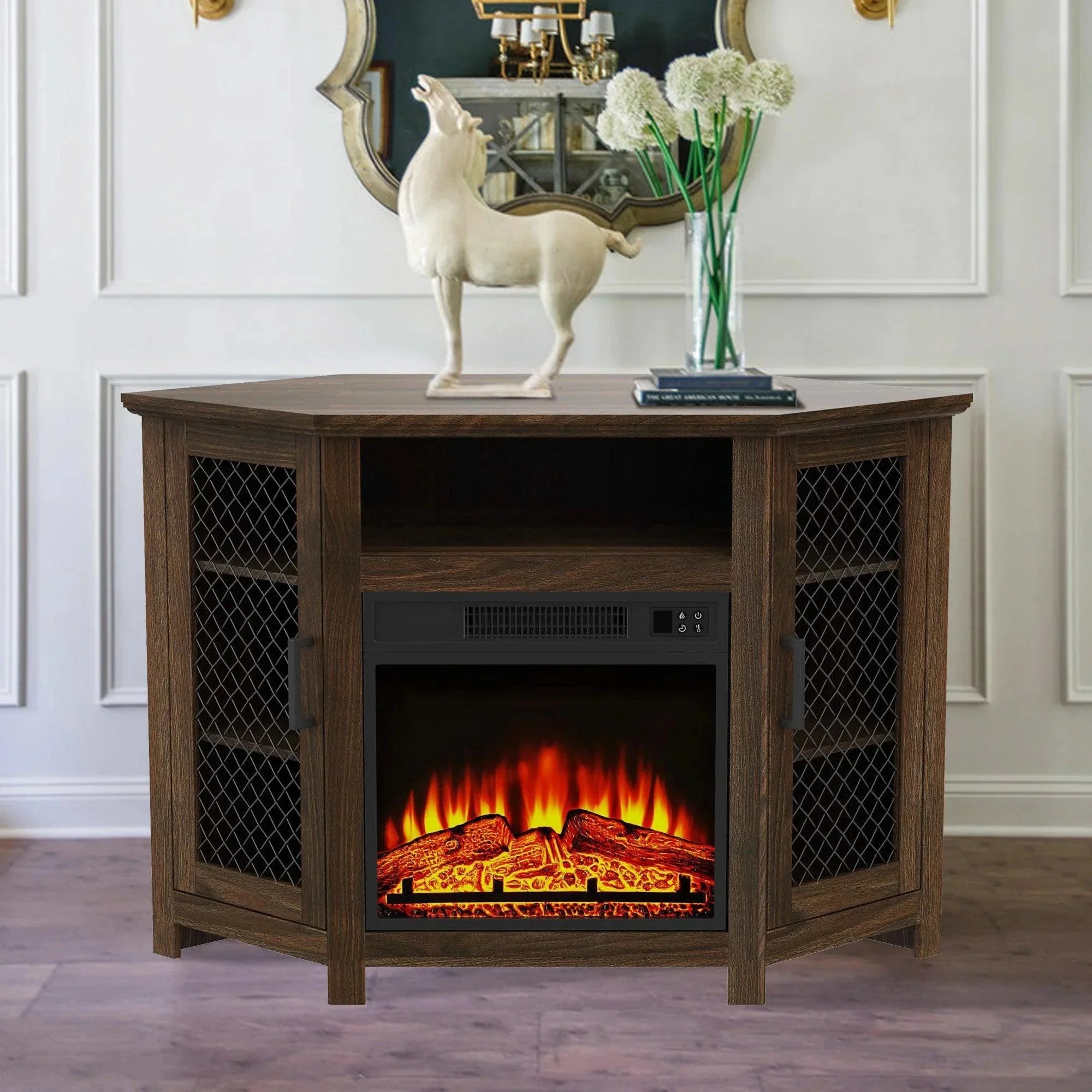 Parrot Uncle 45-Inch Corner Electric Fireplace TV Stands Console Table Insert 18" Electric Fireplace with 2 Metal Mesh Doors - Image 15