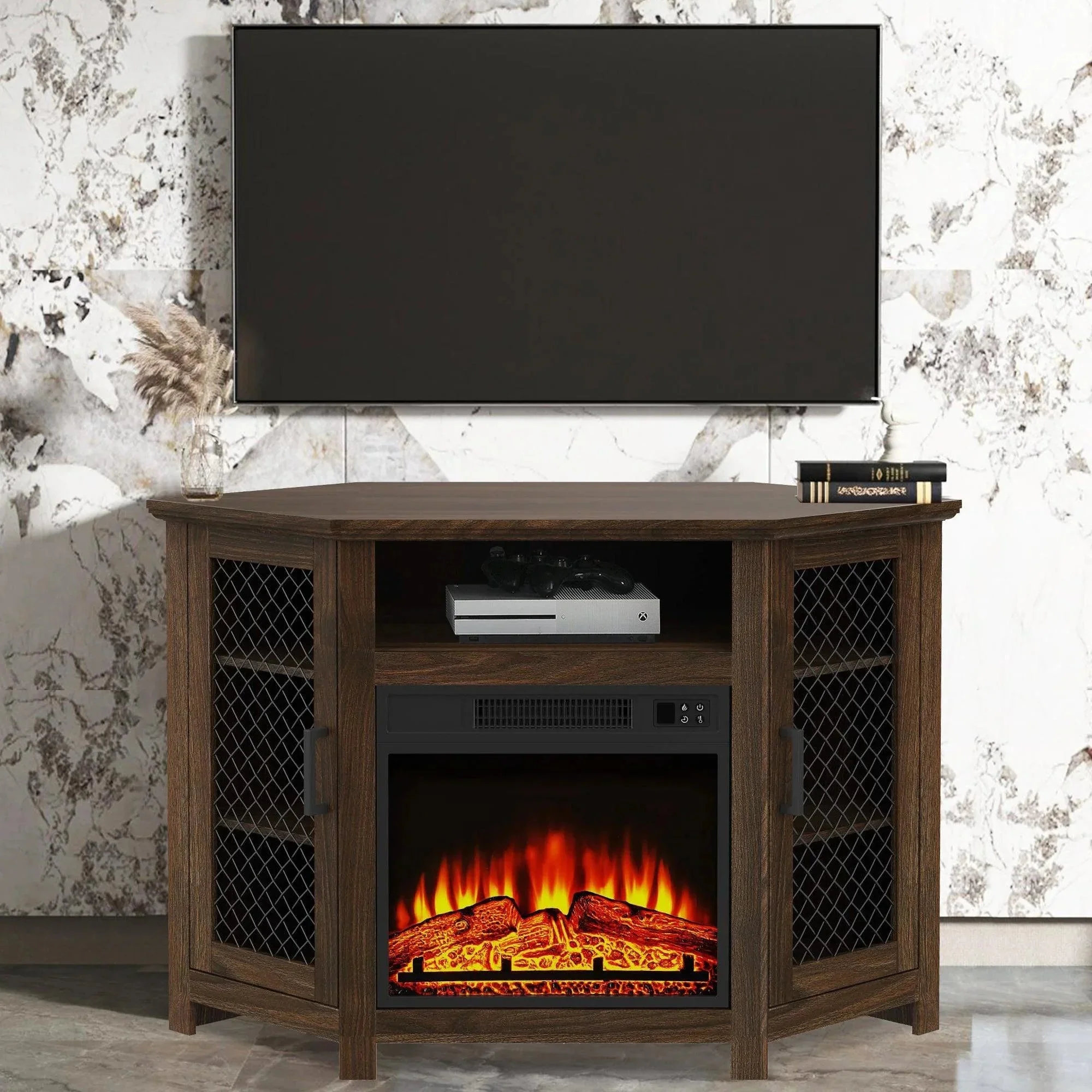 Parrot Uncle 45-Inch Corner Electric Fireplace TV Stands Console Table Insert 18" Electric Fireplace with 2 Metal Mesh Doors - Image 16