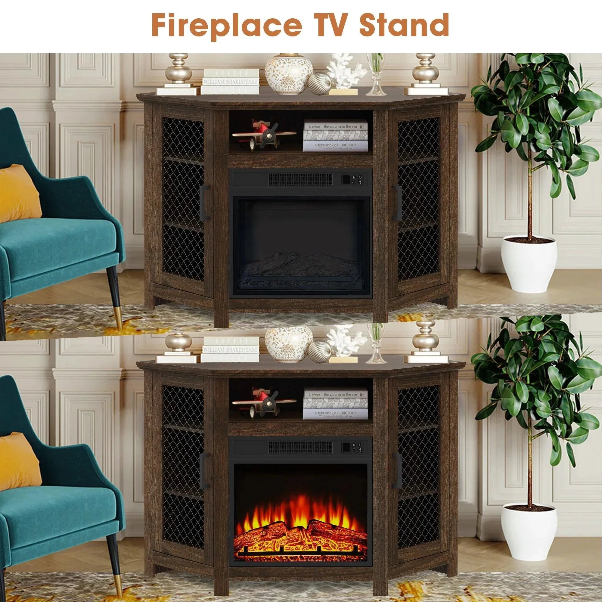 Parrot Uncle 45-Inch Corner Electric Fireplace TV Stands Console Table Insert 18" Electric Fireplace with 2 Metal Mesh Doors - Image 19