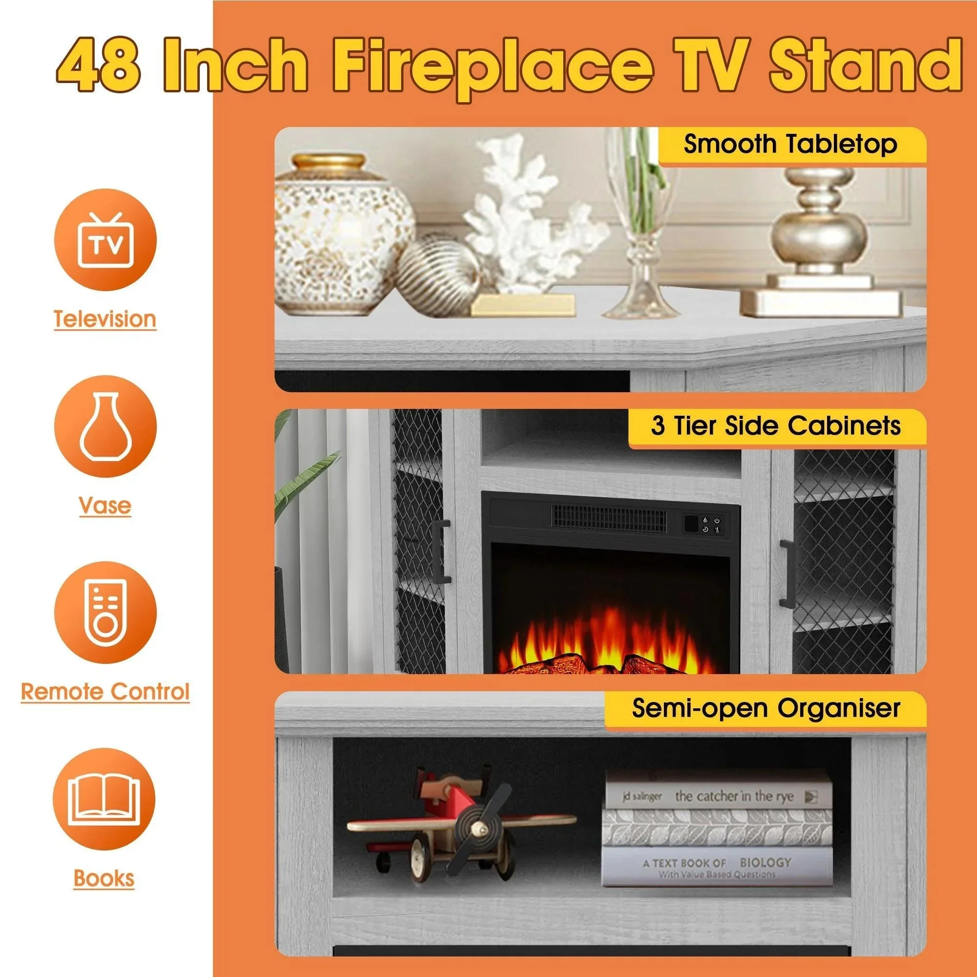 Parrot Uncle 45-Inch Corner Electric Fireplace TV Stands Console Table Insert 18" Electric Fireplace with 2 Metal Mesh Doors - Image 21