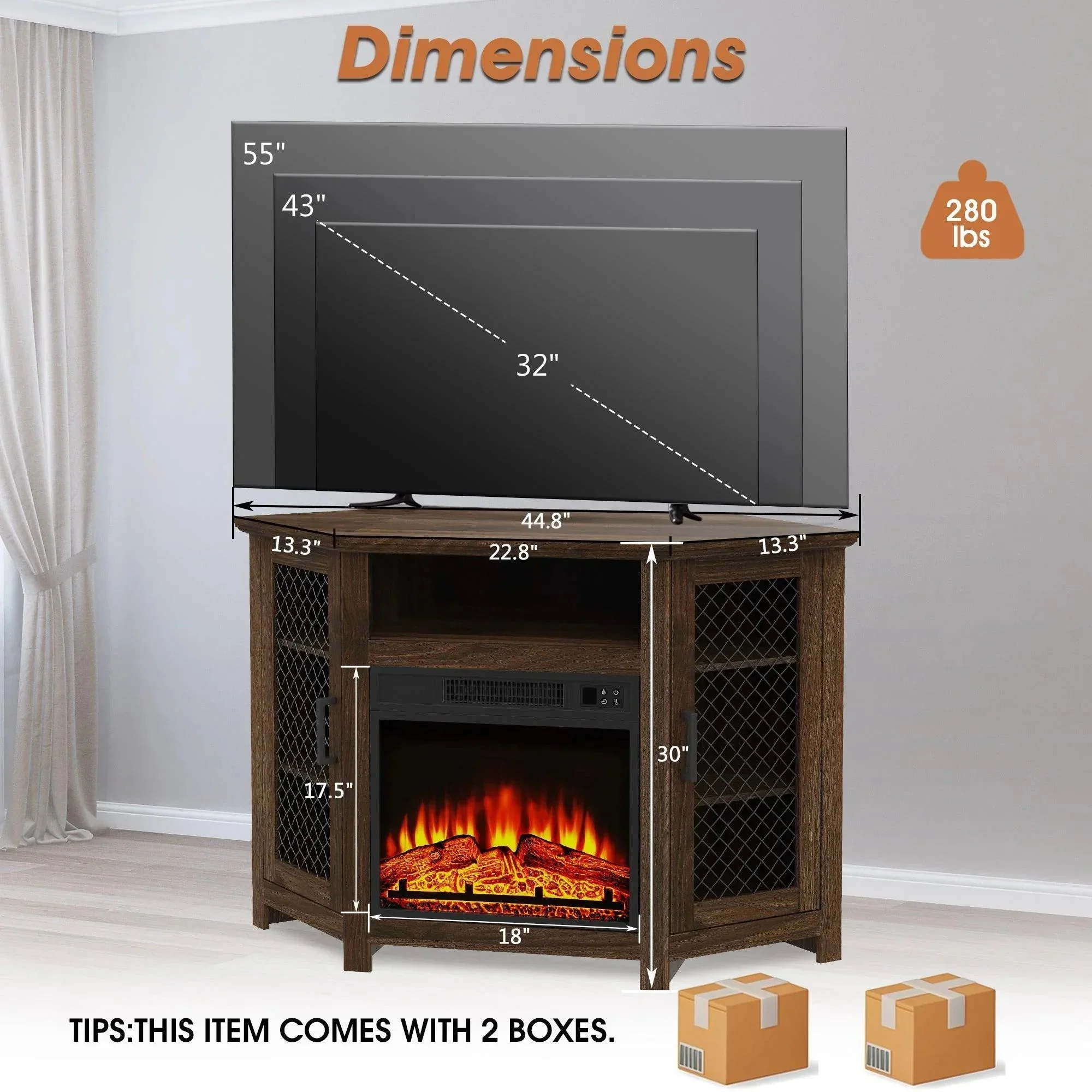 Parrot Uncle 45-Inch Corner Electric Fireplace TV Stands Console Table Insert 18" Electric Fireplace with 2 Metal Mesh Doors - Image 22