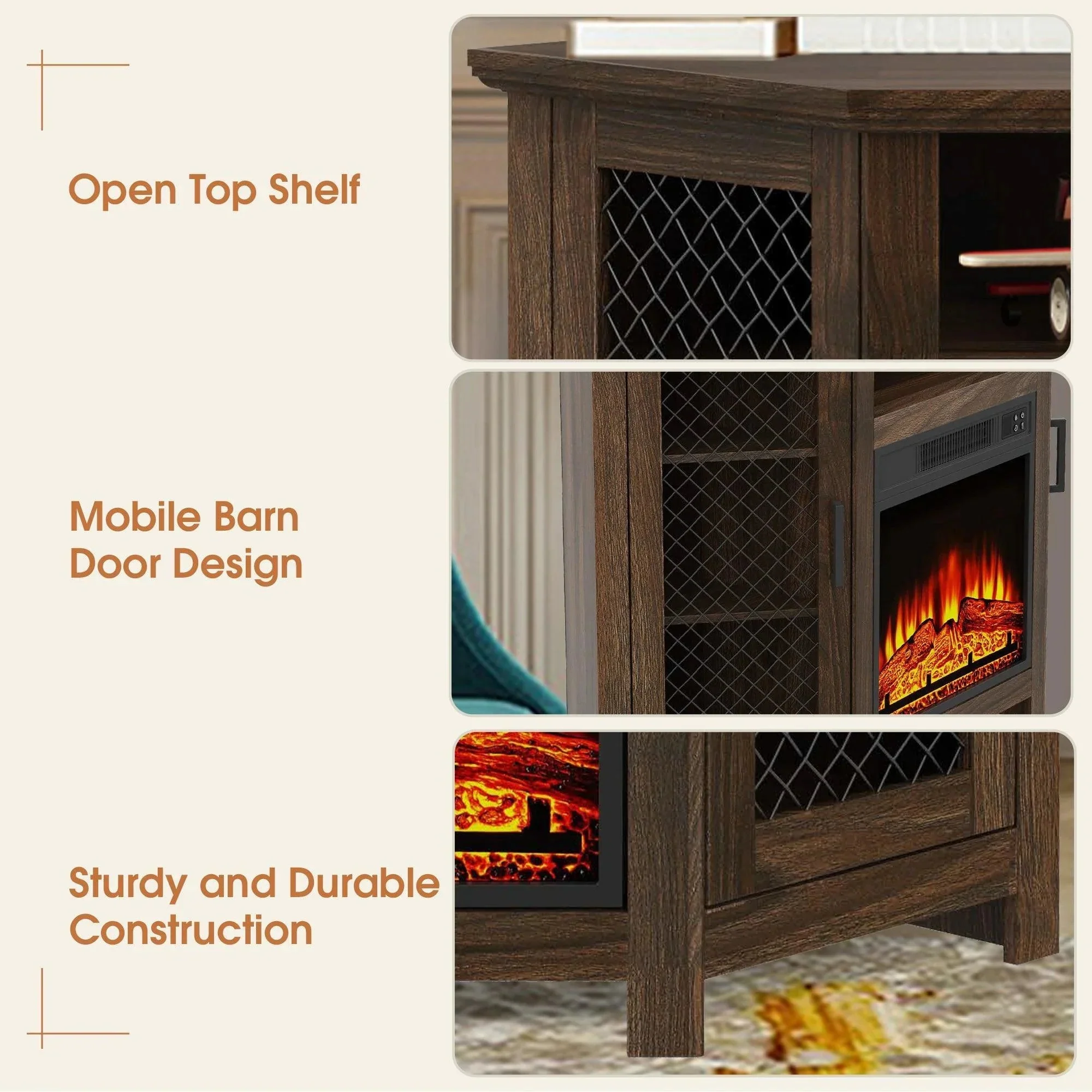 Parrot Uncle 45-Inch Corner Electric Fireplace TV Stands Console Table Insert 18" Electric Fireplace with 2 Metal Mesh Doors - Image 23