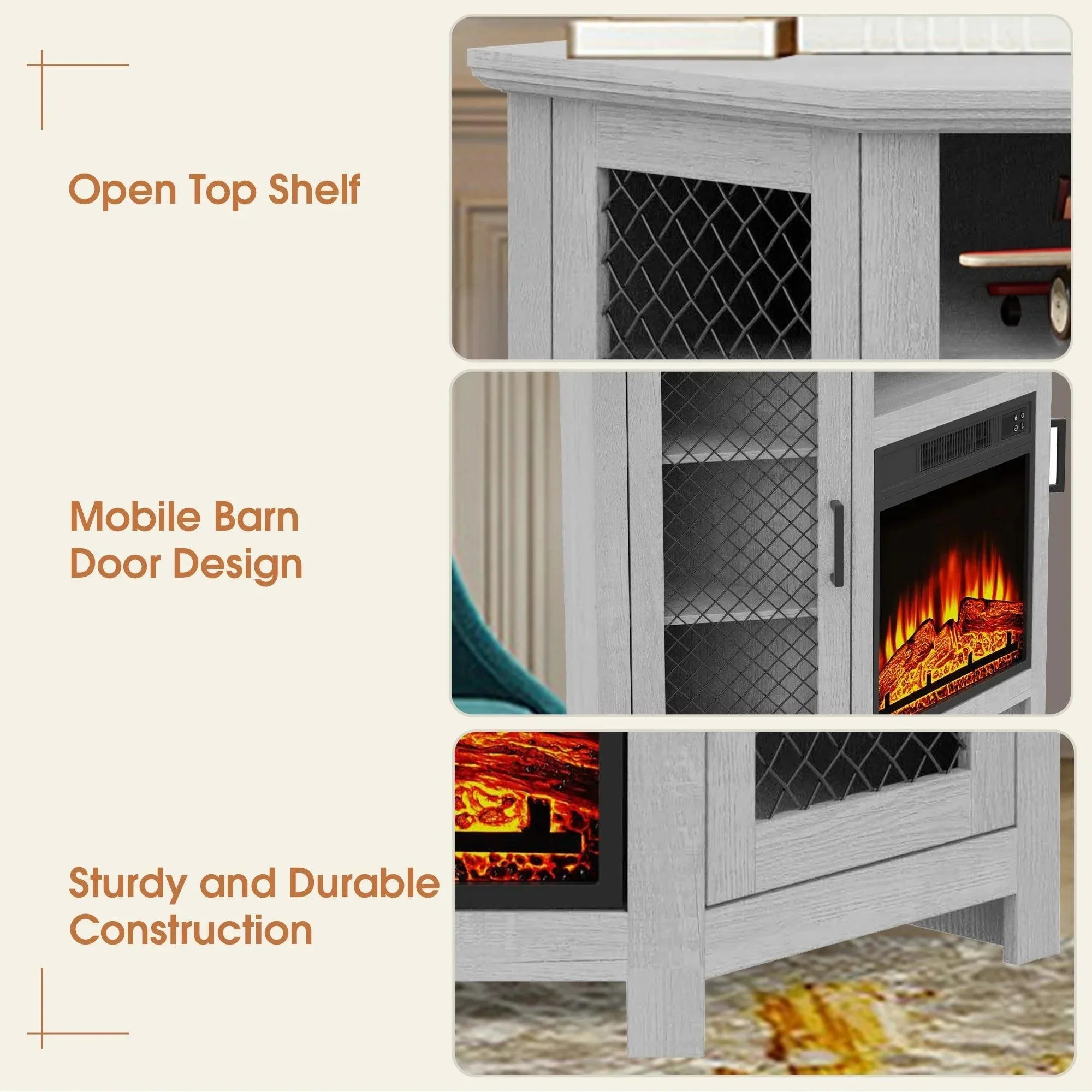 Parrot Uncle 45-Inch Corner Electric Fireplace TV Stands Console Table Insert 18" Electric Fireplace with 2 Metal Mesh Doors - Image 3