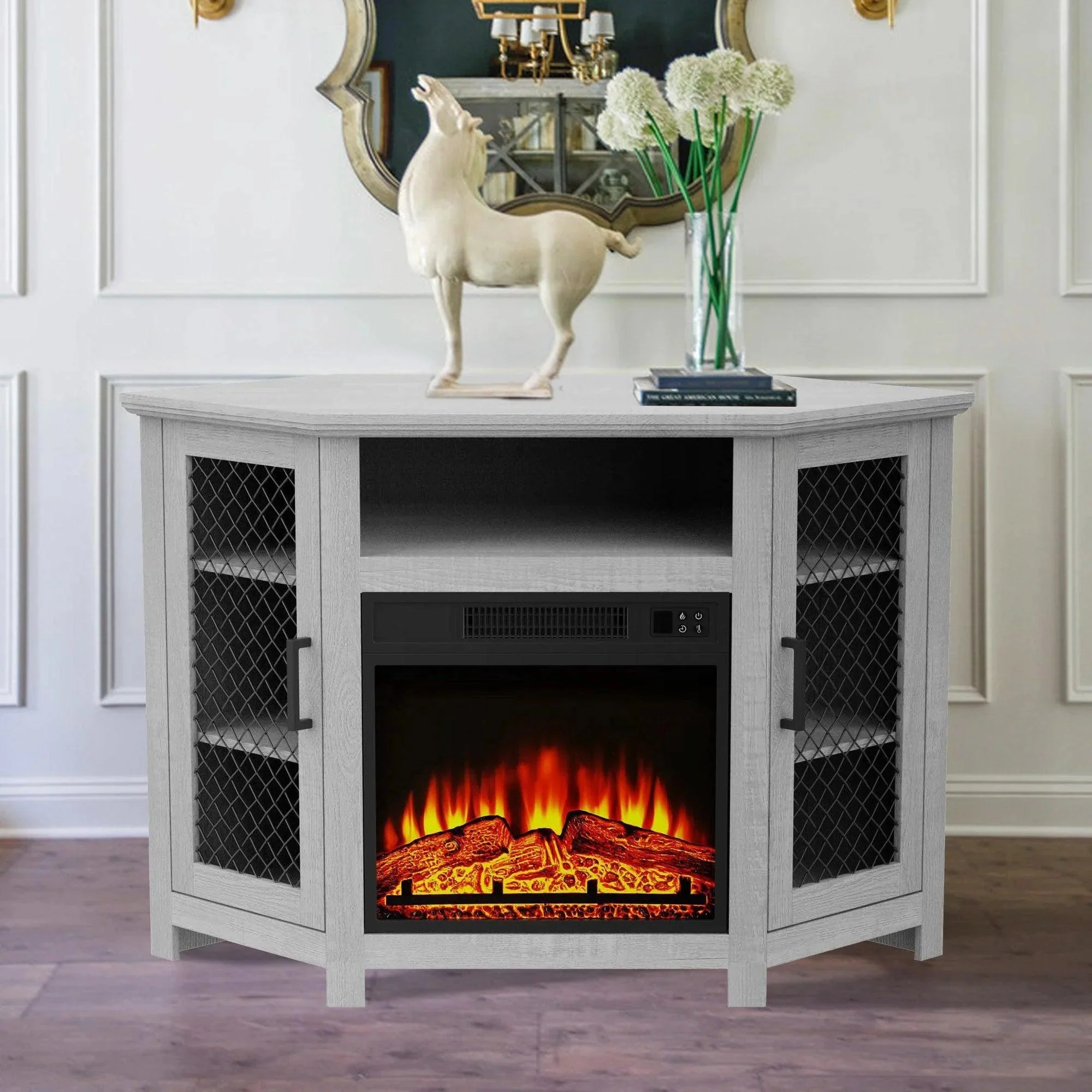 Parrot Uncle 45-Inch Corner Electric Fireplace TV Stands Console Table Insert 18" Electric Fireplace with 2 Metal Mesh Doors - Image 4