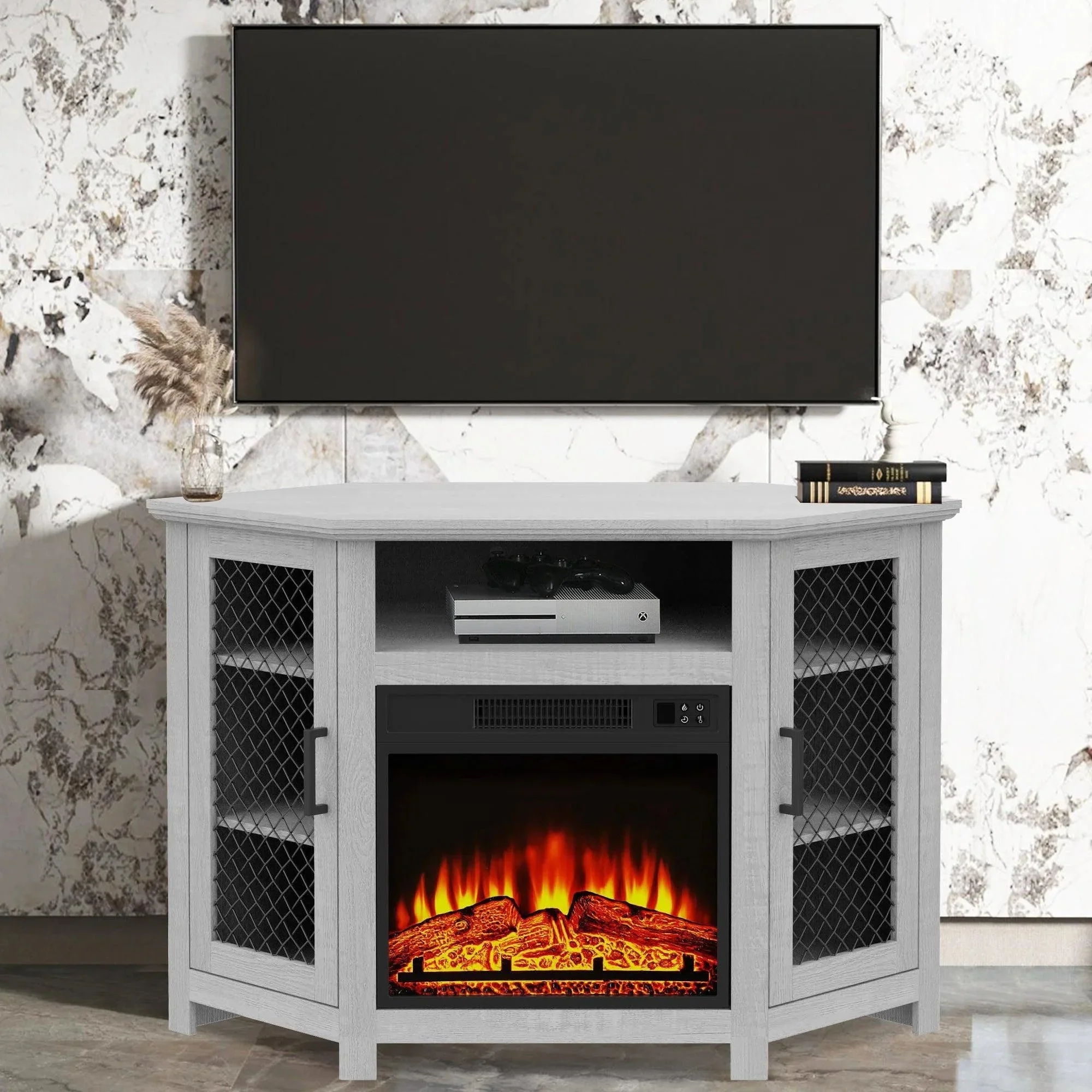 Parrot Uncle 45-Inch Corner Electric Fireplace TV Stands Console Table Insert 18" Electric Fireplace with 2 Metal Mesh Doors - Image 5