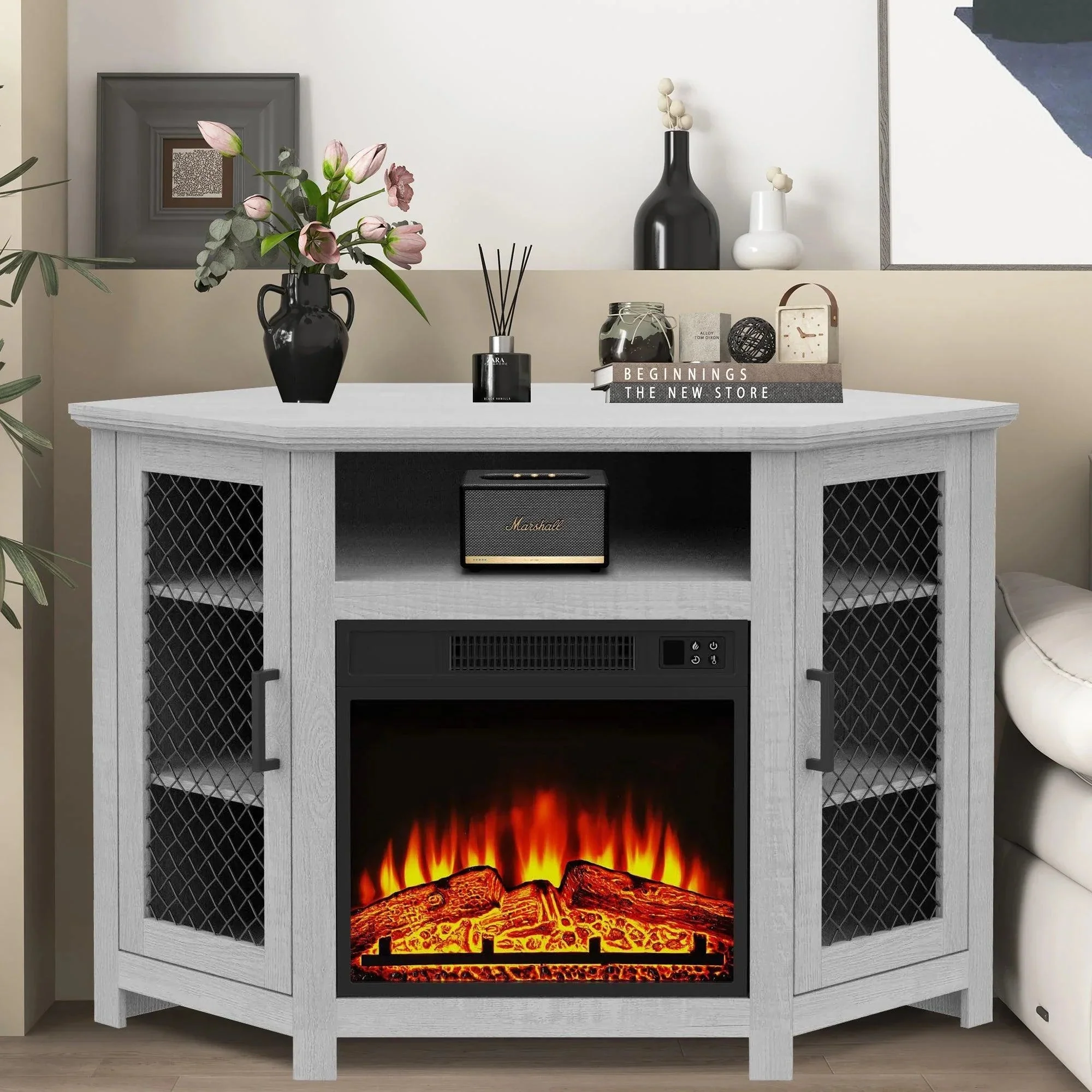 Parrot Uncle 45-Inch Corner Electric Fireplace TV Stands Console Table Insert 18" Electric Fireplace with 2 Metal Mesh Doors - Image 6