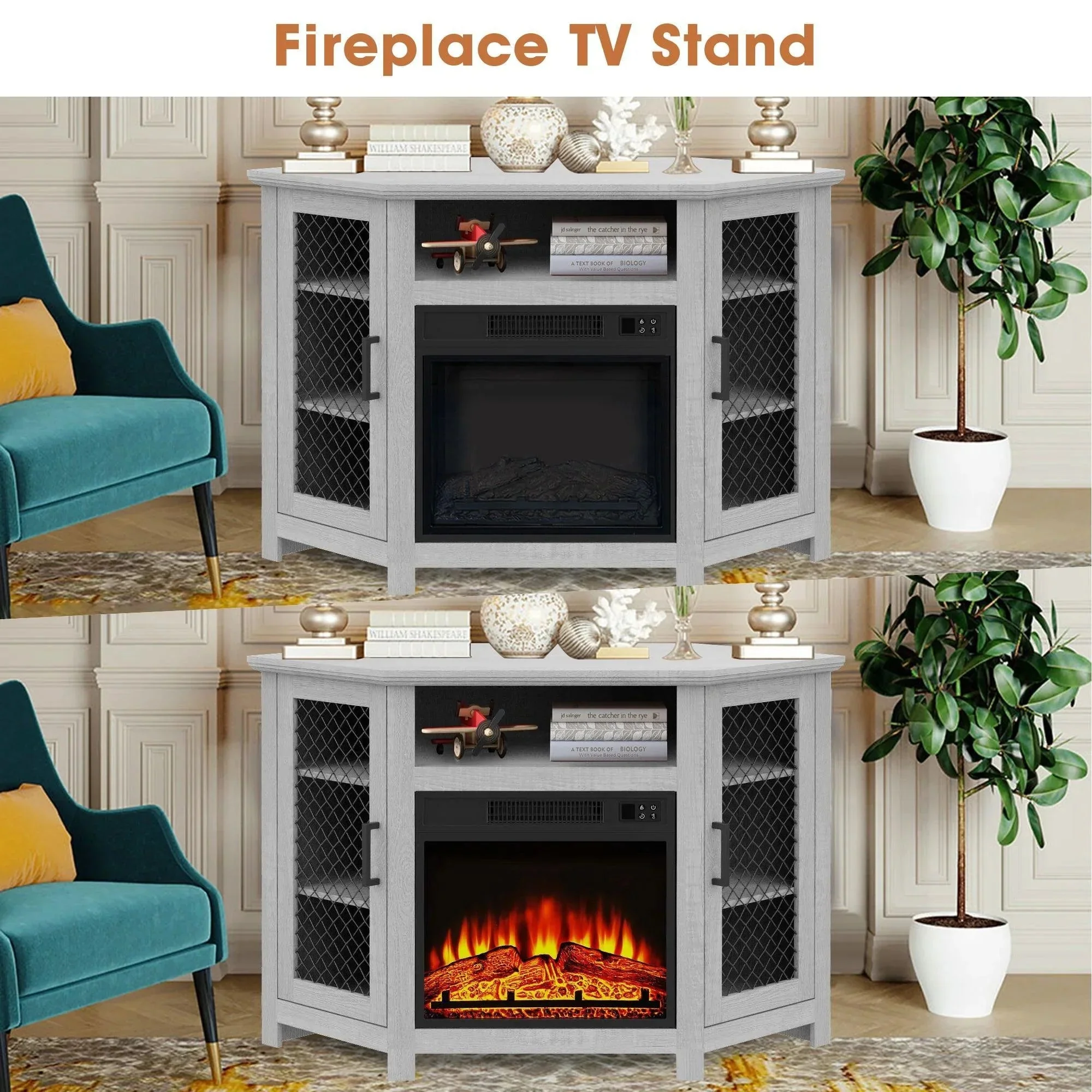 Parrot Uncle 45-Inch Corner Electric Fireplace TV Stands Console Table Insert 18" Electric Fireplace with 2 Metal Mesh Doors - Image 7