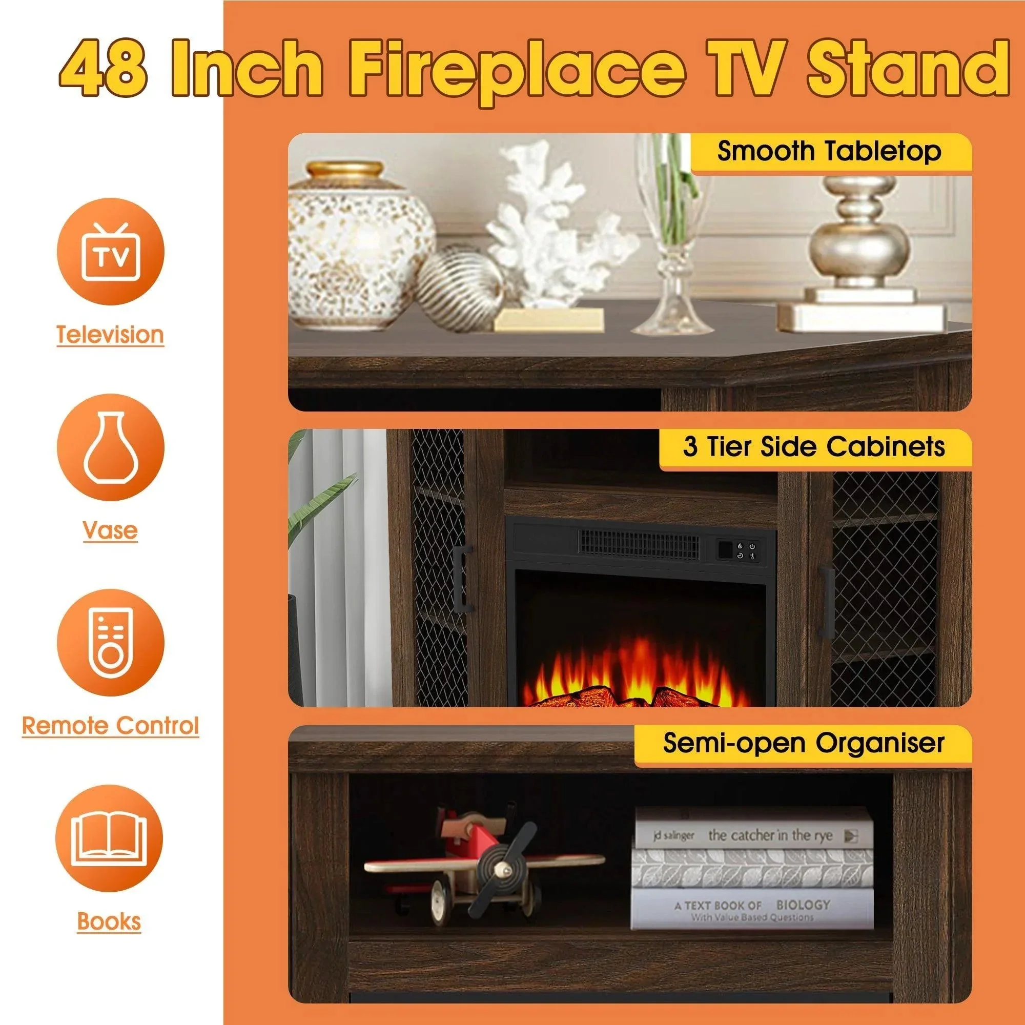 Parrot Uncle 45-Inch Corner Electric Fireplace TV Stands Console Table Insert 18" Electric Fireplace with 2 Metal Mesh Doors - Image 9