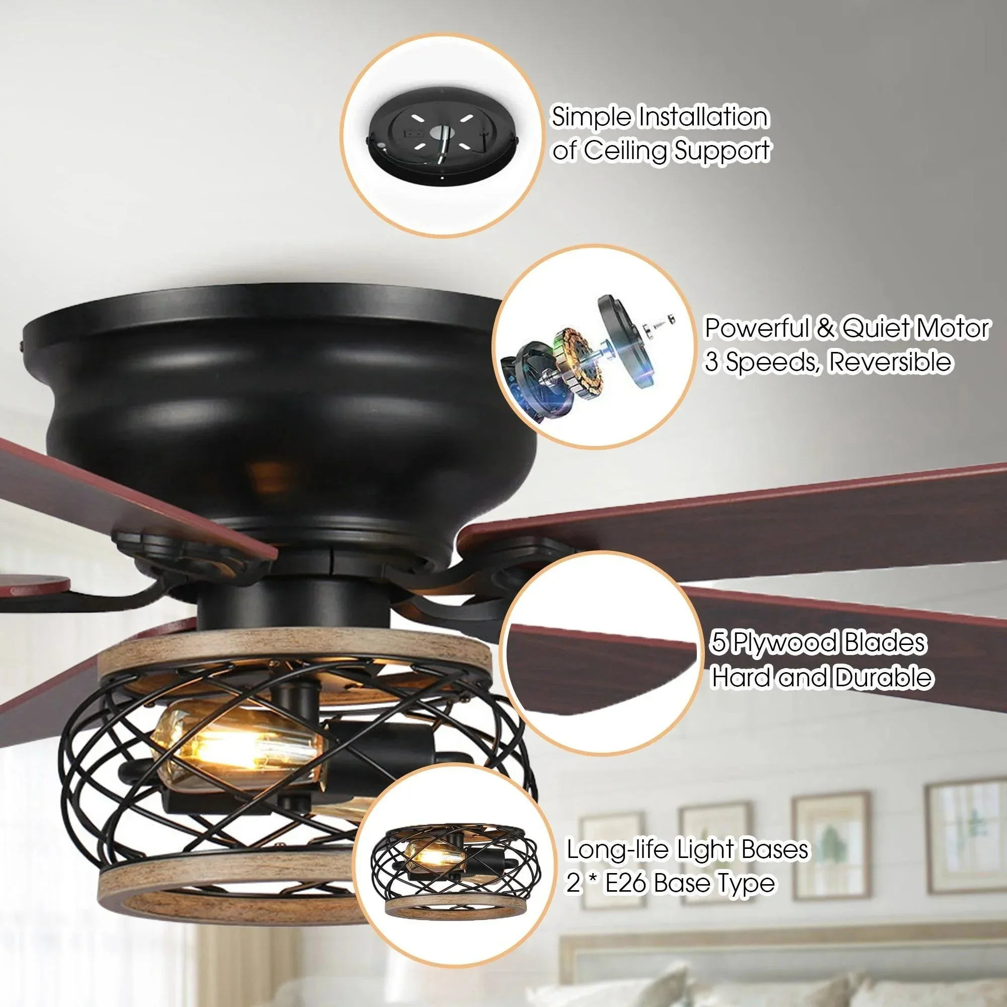 Parrot Uncle 48-Inch Antwerp Farmhouse Flush Mount Reversible Ceiling Fan with Lighting and Remote Control (F6240Q110V) - Image 10
