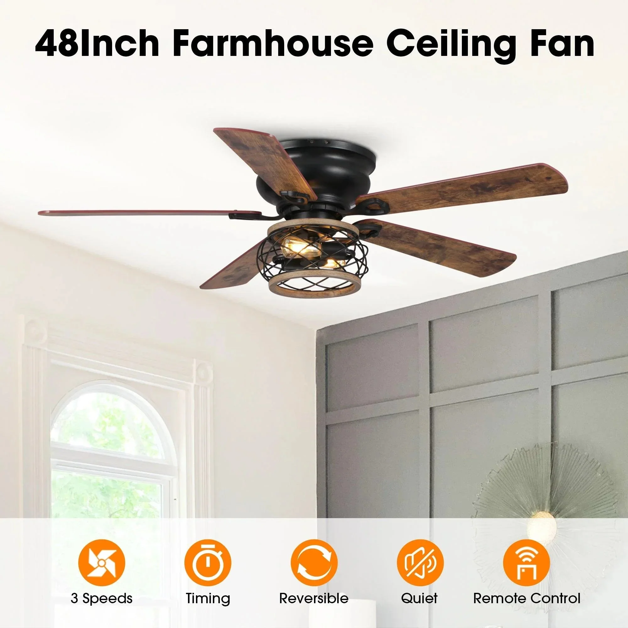 Parrot Uncle 48-Inch Antwerp Farmhouse Flush Mount Reversible Ceiling Fan with Lighting and Remote Control (F6240Q110V) - Image 7